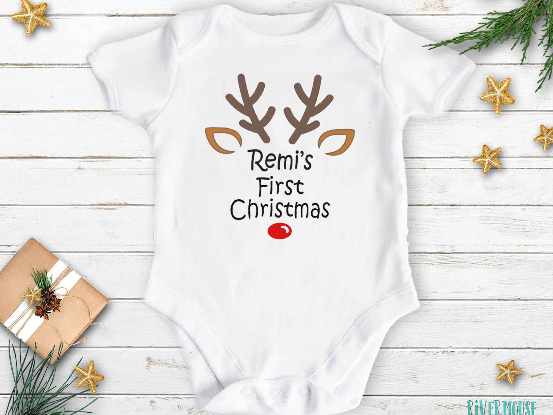 Personalised First Christmas Rudolf Reindeer Baby Bodysuit