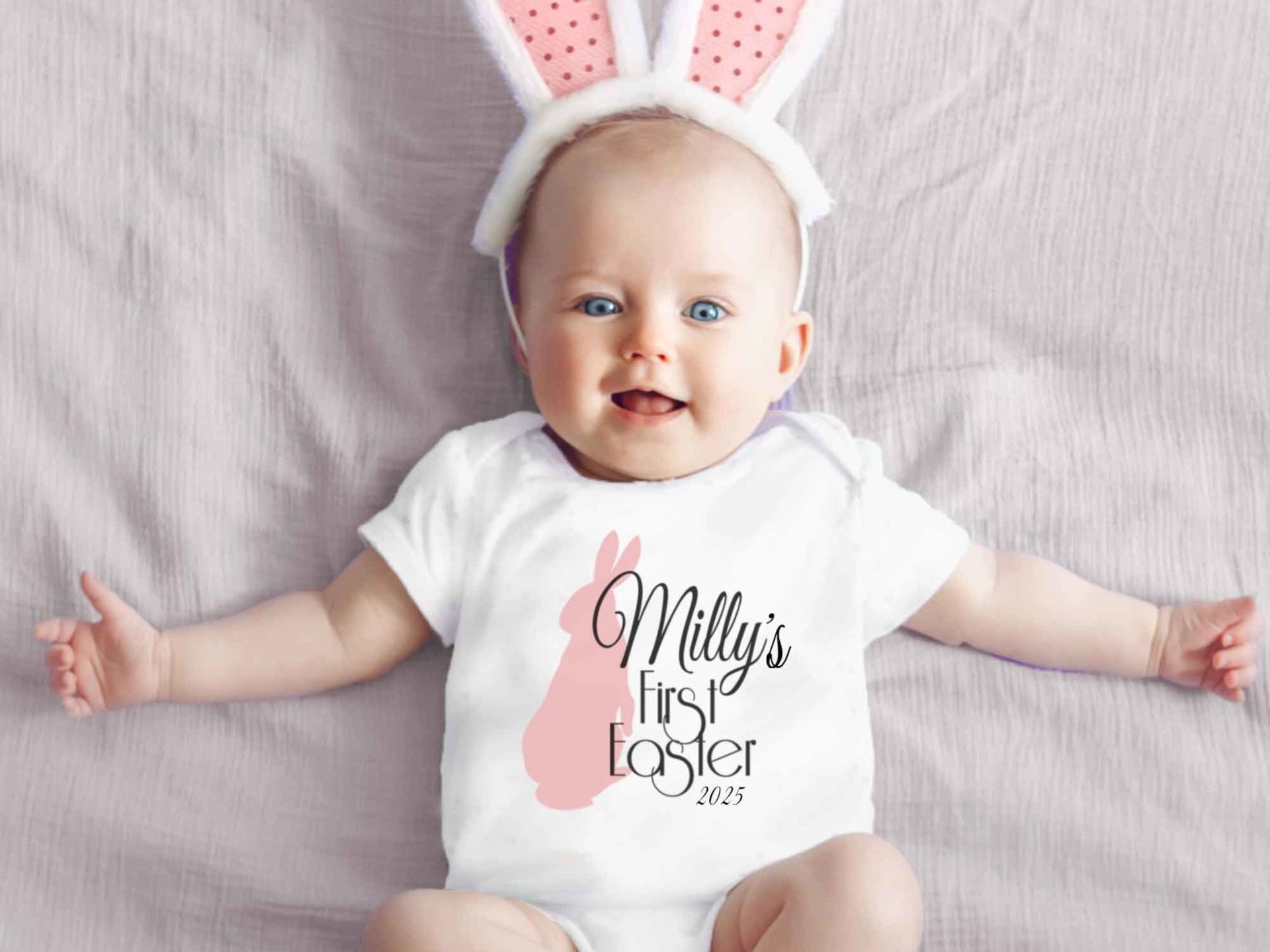 Baby's first Easter 2025 personalised bunny onesie with bubs name & year 