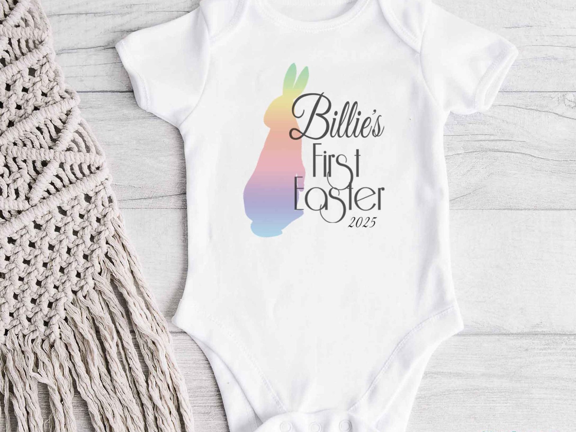Baby's first Easter 2025 personalised bunny onesie with bubs name & year 