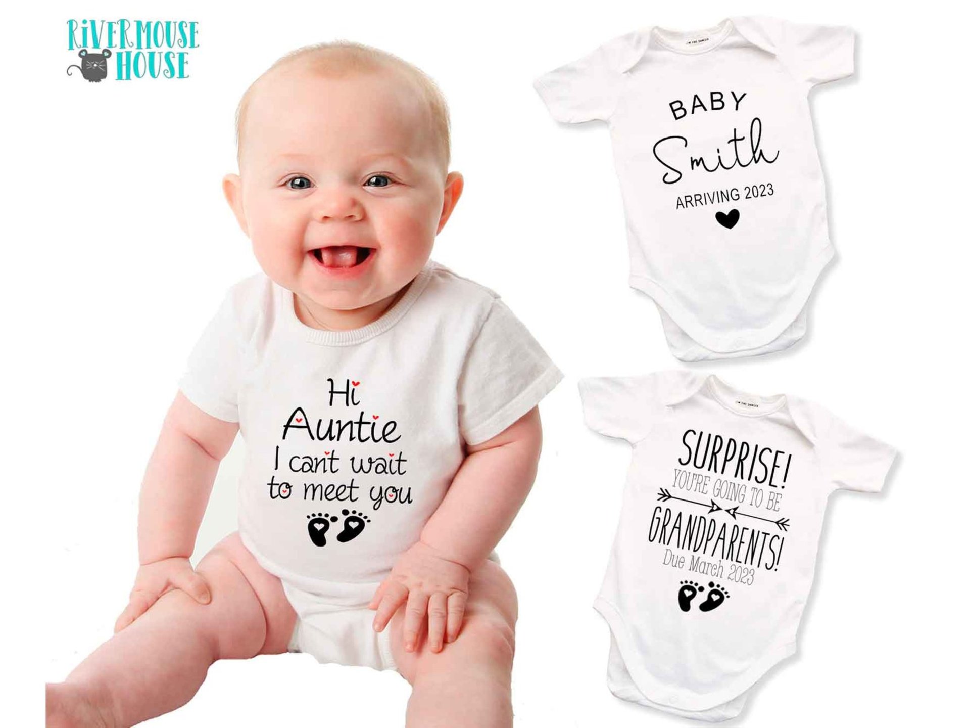 Hi I can't wait to meet you baby pregnancy announcement onesie, personalised to suit your family & friends