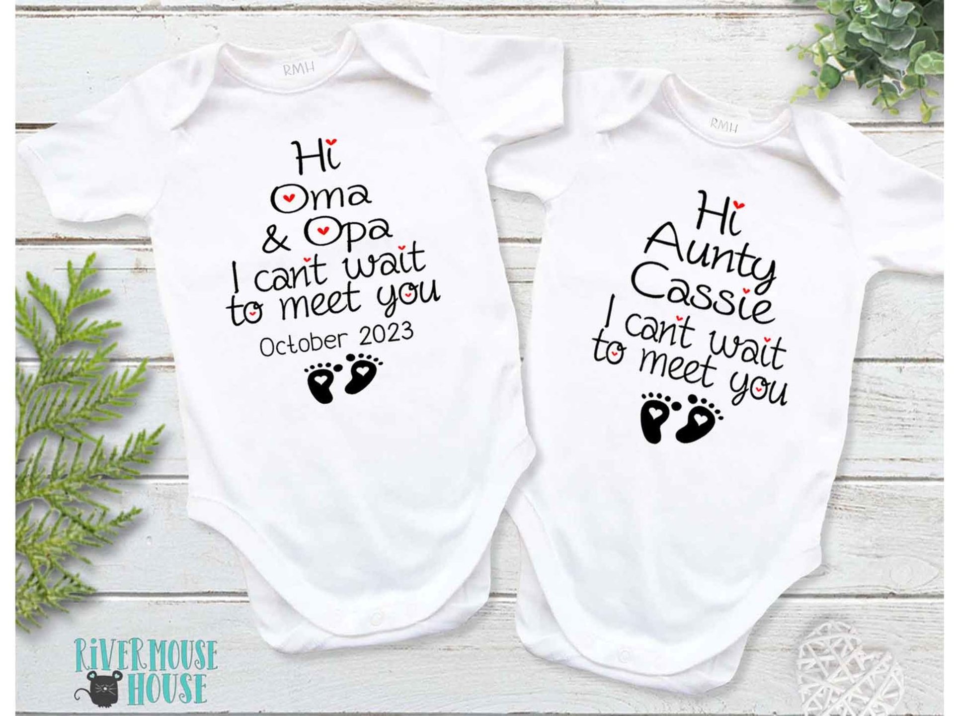Hi I can't wait to meet you baby pregnancy announcement onesie, personalised to suit your family & friends