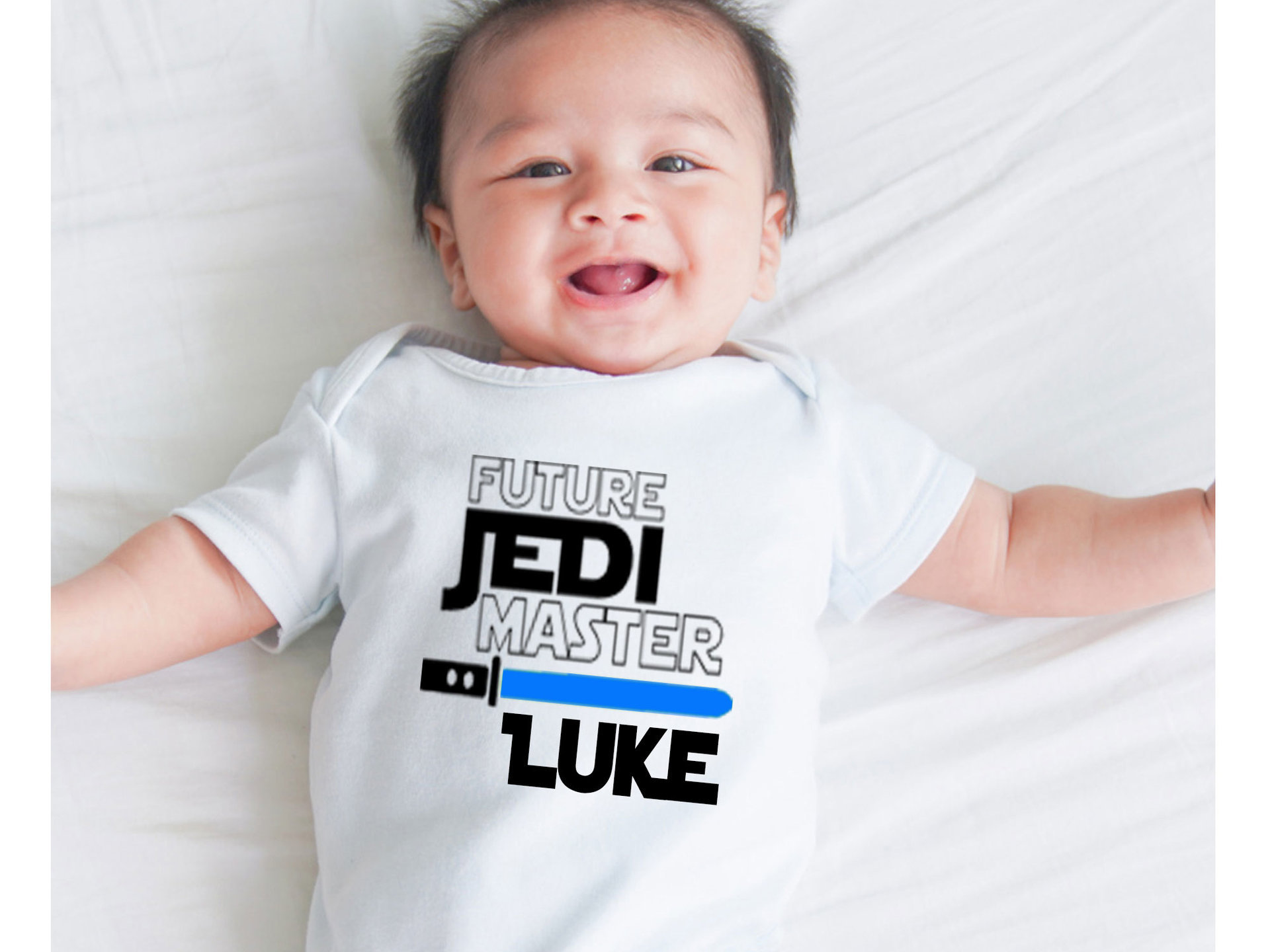 Future Jedi Master personalised baby bodysuit with custom name lightsaber