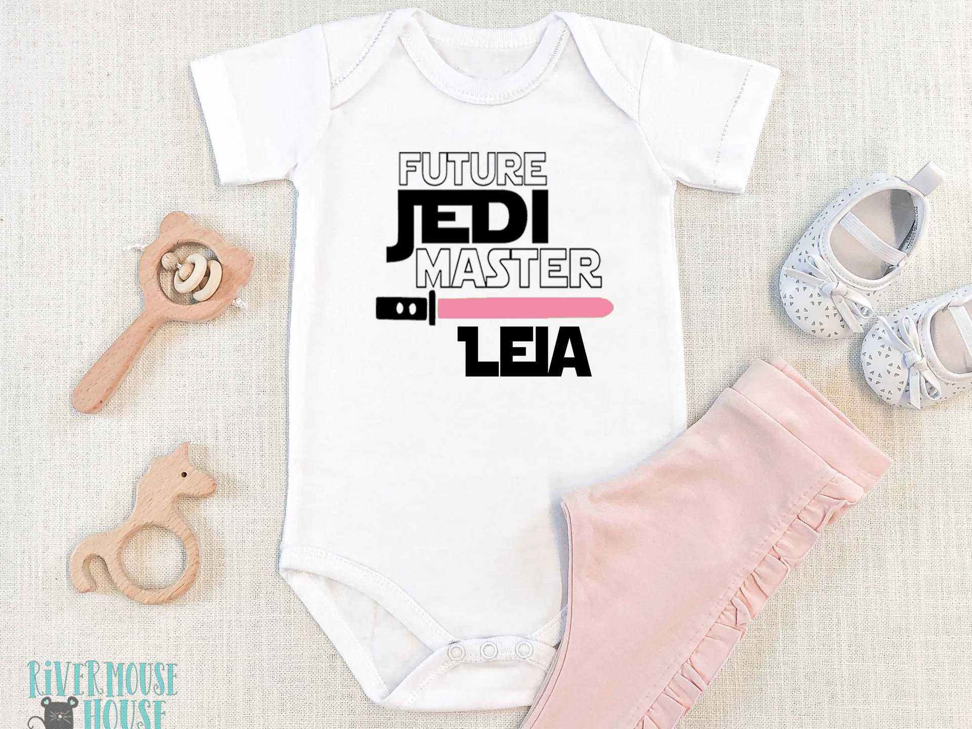 Future Jedi Master personalised baby bodysuit with custom name lightsaber