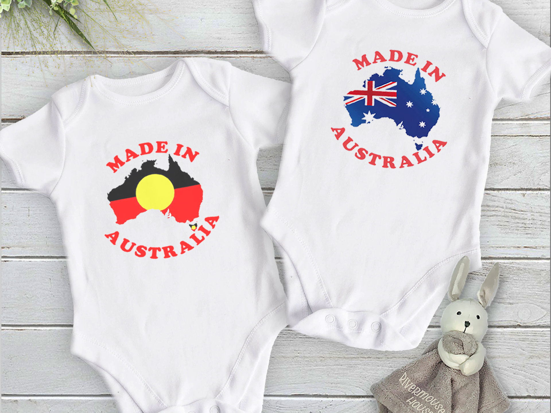 Made in Australia baby bodysuit, choose from Australian and Aboriginal flag designs, custom Aussie kids onesie