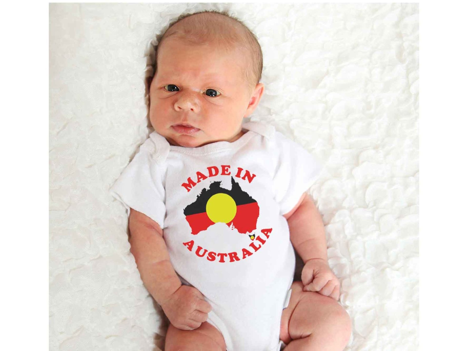 Made in Australia baby bodysuit, choose from Australian and Aboriginal flag designs, custom Aussie kids onesie