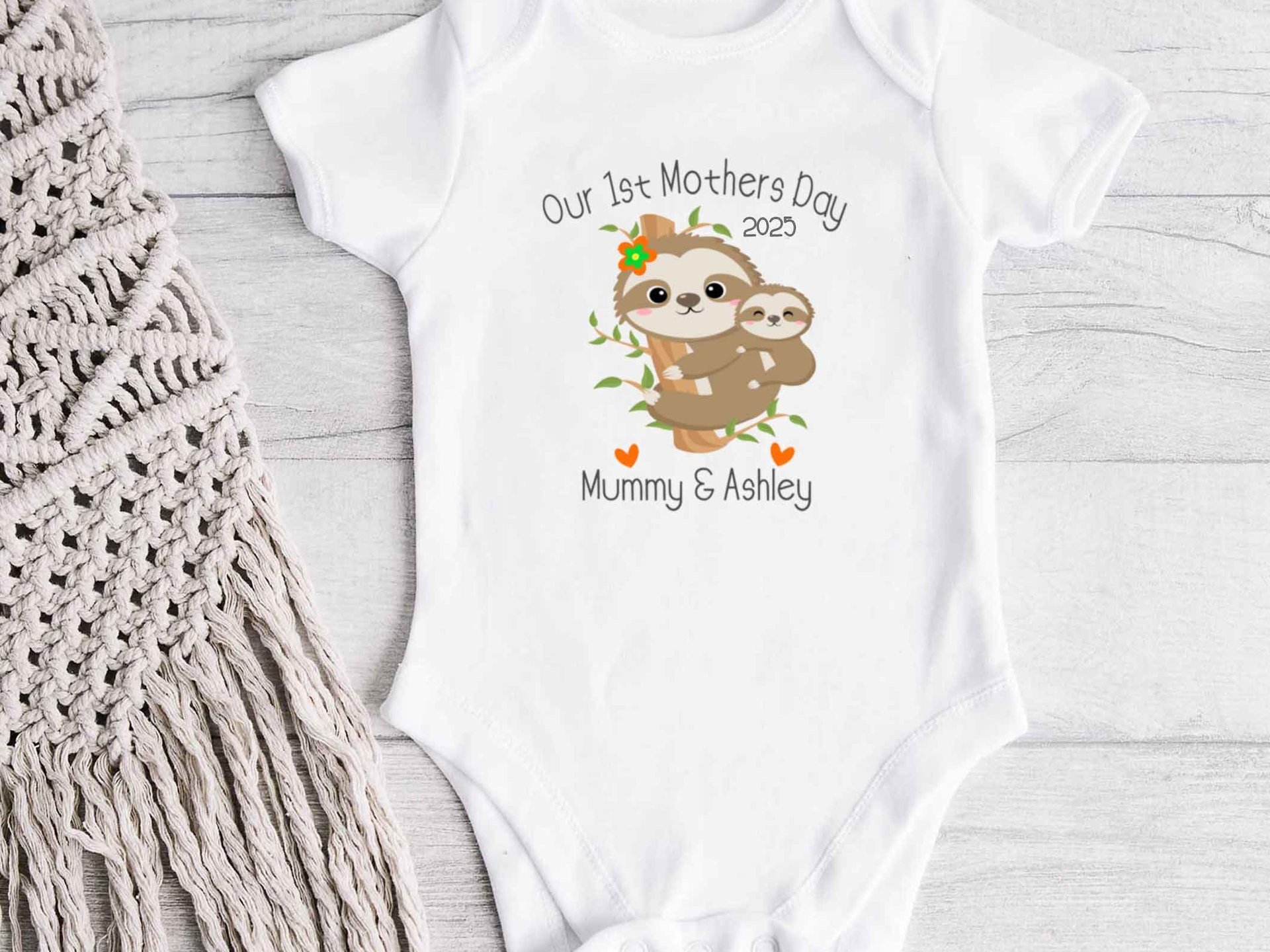 First Mothers Day Sloth Personalised Baby Bodysuit, Mummy & Baby Gift