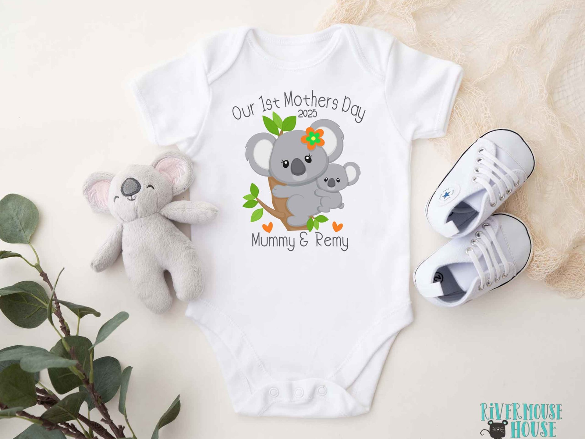 Our First Mothers Day Baby Koala Bodysuit, Personalised Gift for Mum & Bubs