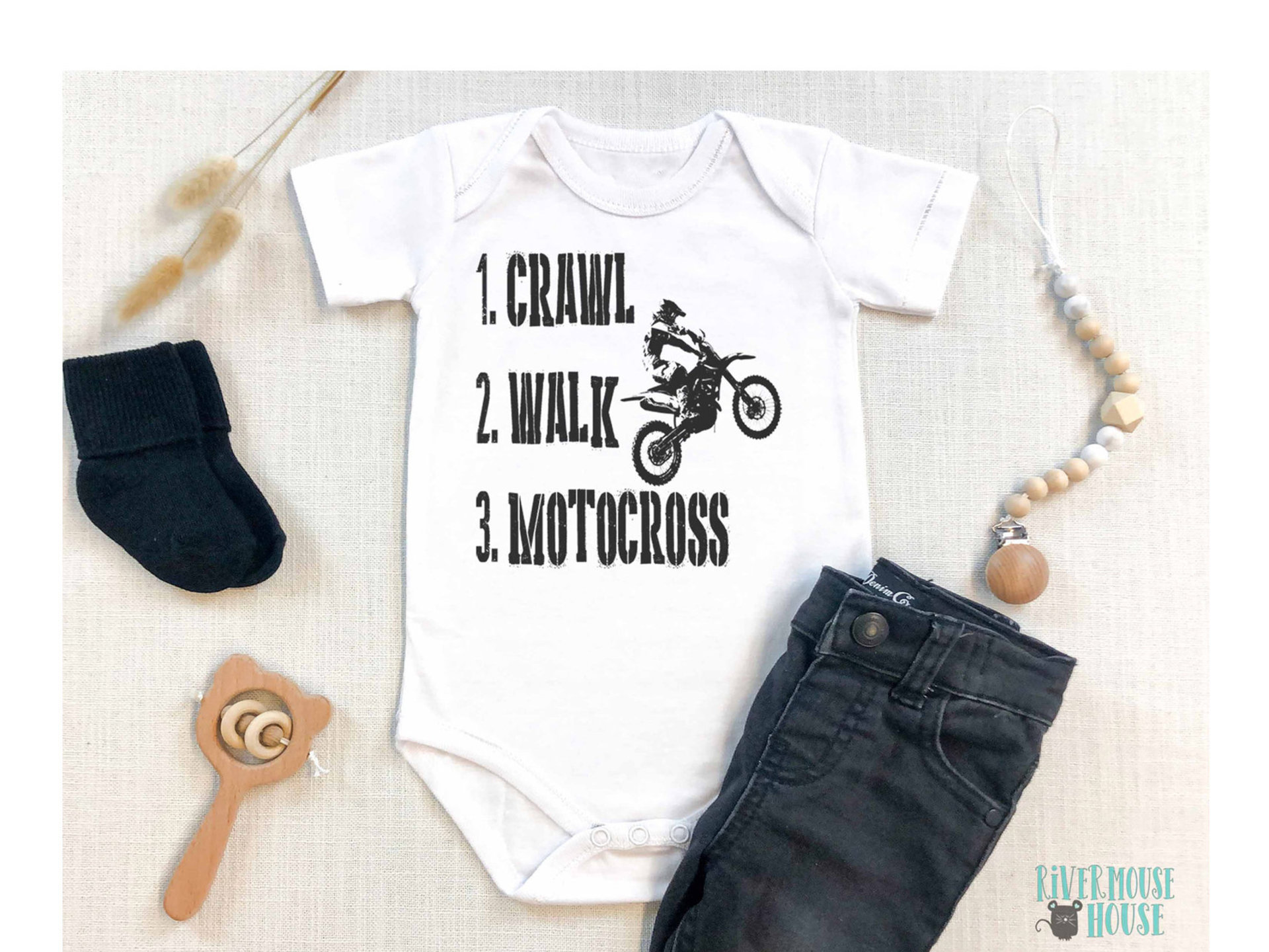 Crawl Walk Motocross Baby Onesie, Super Mini Dirt Bike Motorcycle Romper 