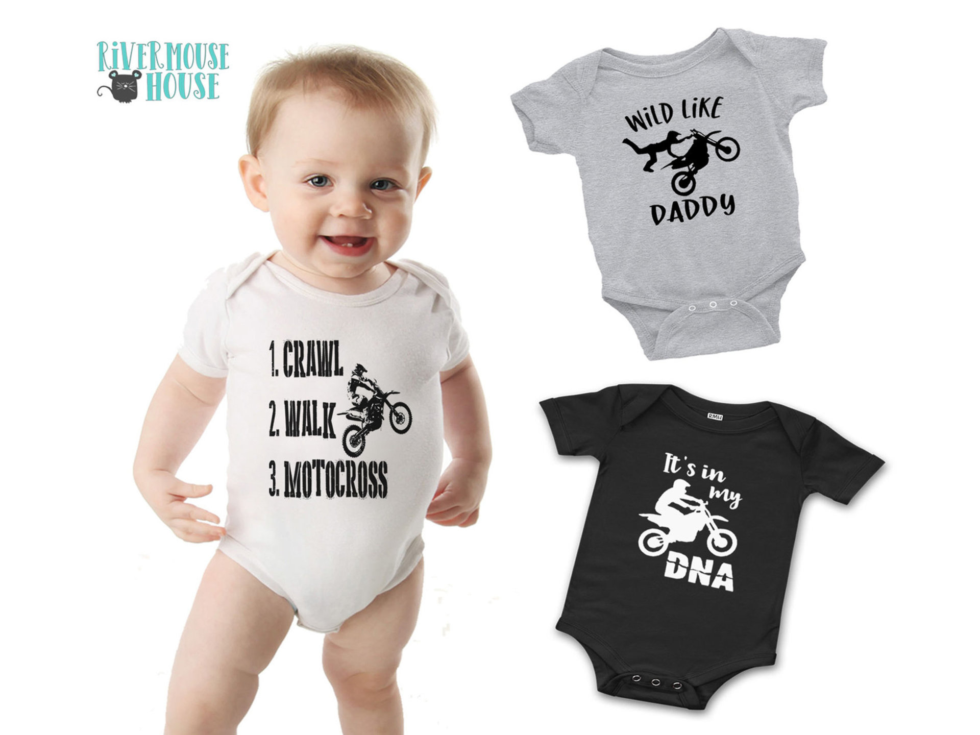 Crawl Walk Motocross Baby Onesie, Super Mini Dirt Bike Motorcycle Romper 
