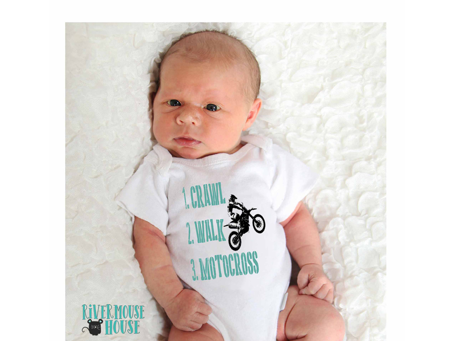 Crawl Walk Motocross Baby Onesie, Super Mini Dirt Bike Motorcycle Romper 