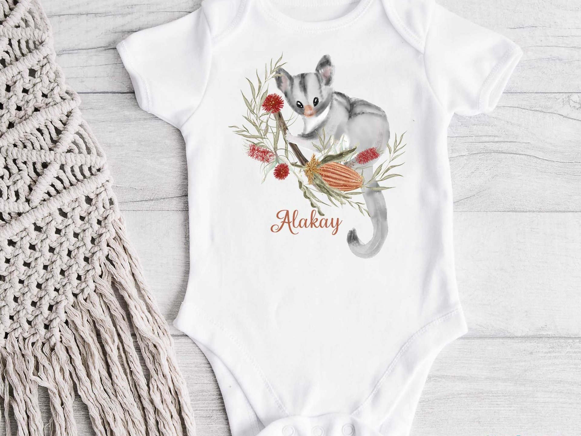 Little Possum Personalised Baby Bodysuit, Australian sugar glider with native flowers design