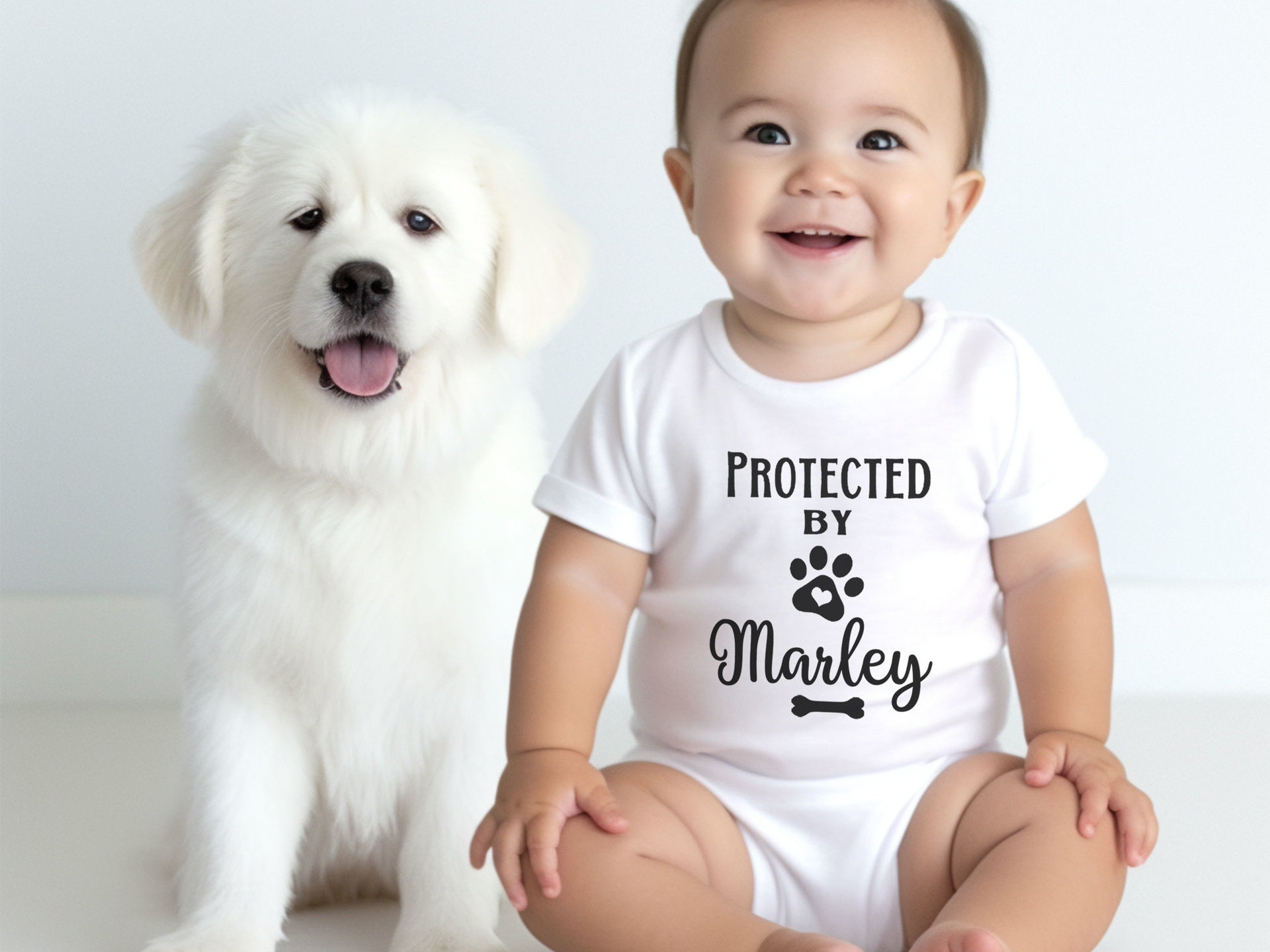 Protected by Dog Baby Bodysuit, Personalised Pet Name Romper