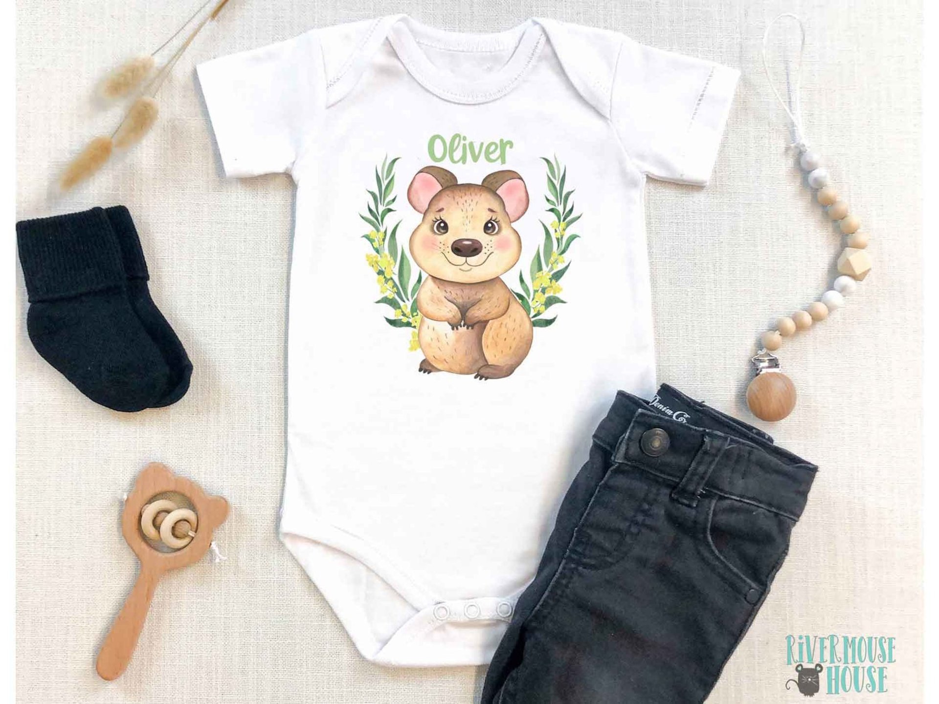 Baby Quokka personalised bodysuit, custom design native Australian wildlife onesie, cute animal lovers gift 