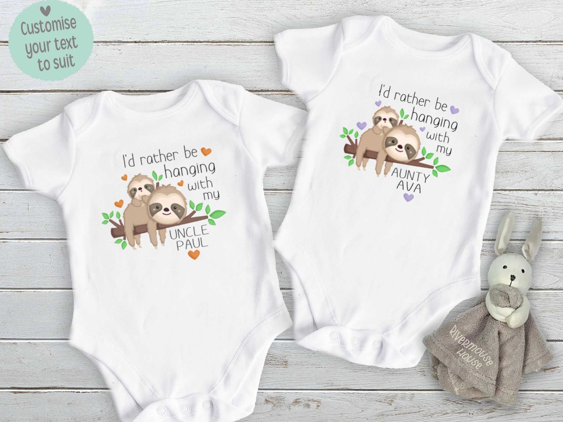 Cute sloth baby onesie, I'd rather be hanging with my nanna, aunty, uncle, Personalised to suit your family & friends