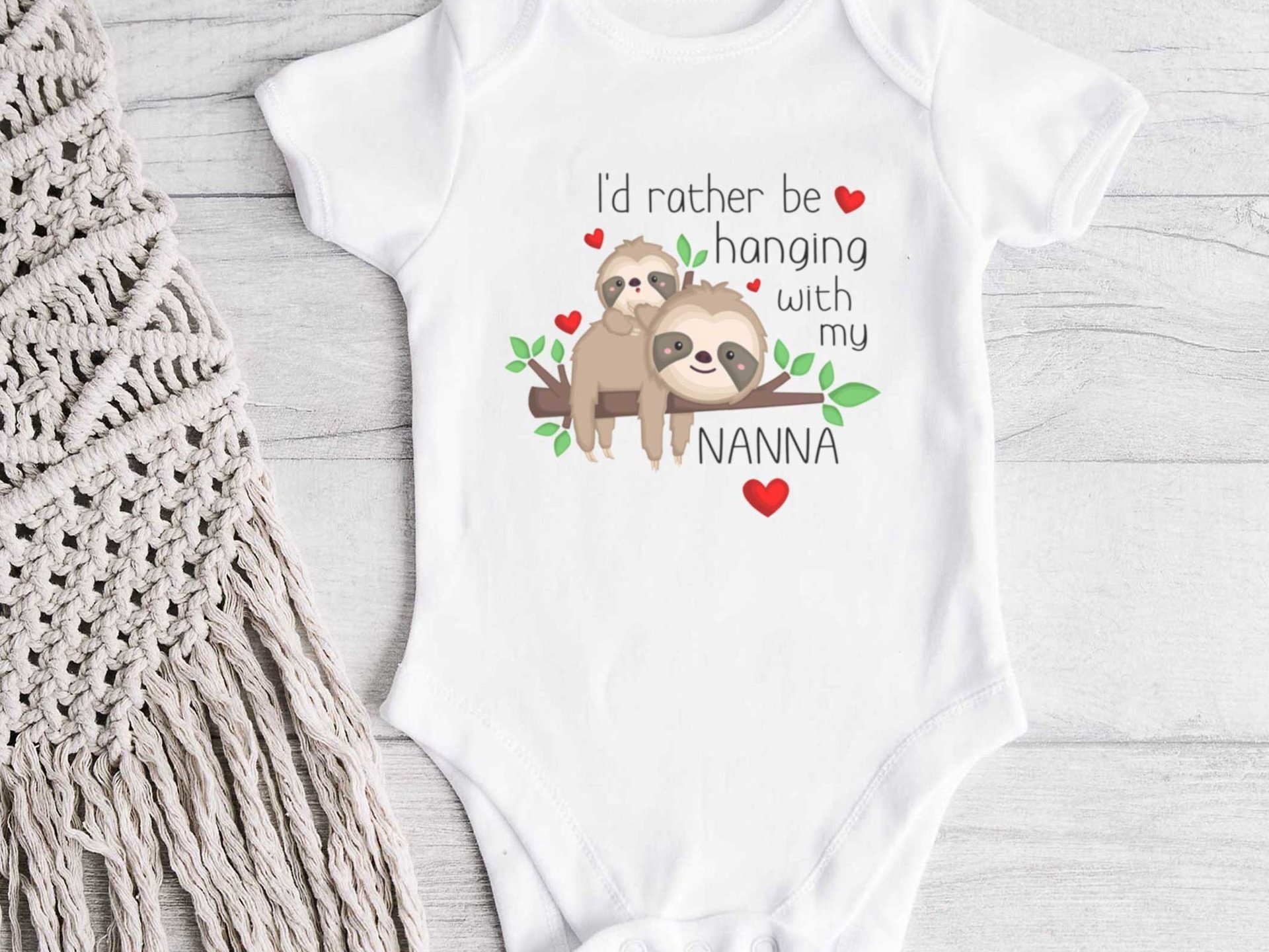 Cute sloth baby onesie, I'd rather be hanging with my nanna, aunty, uncle, Personalised to suit your family & friends
