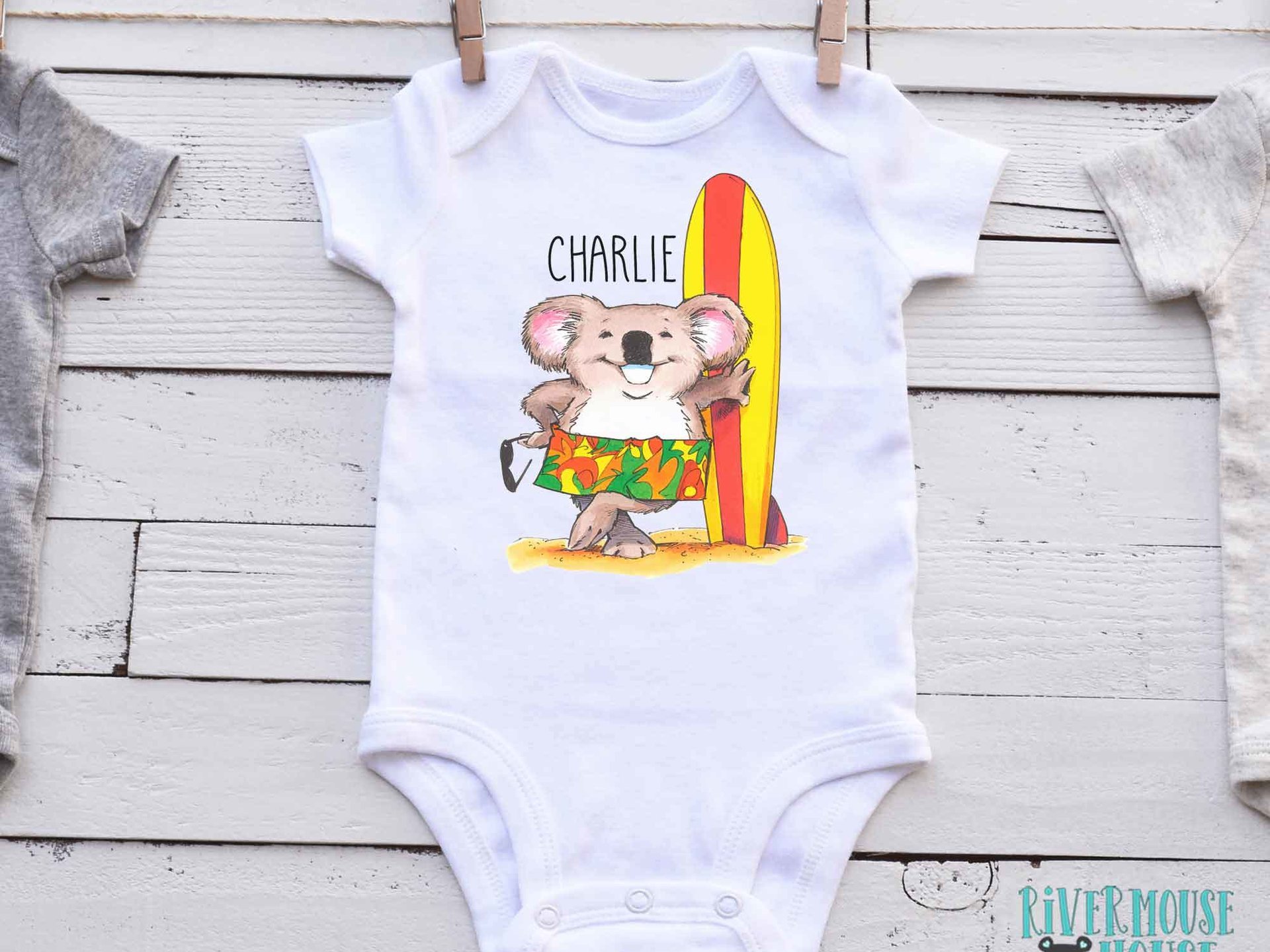 Straya Surf Koala, Funny Australian Baby Bodysuit