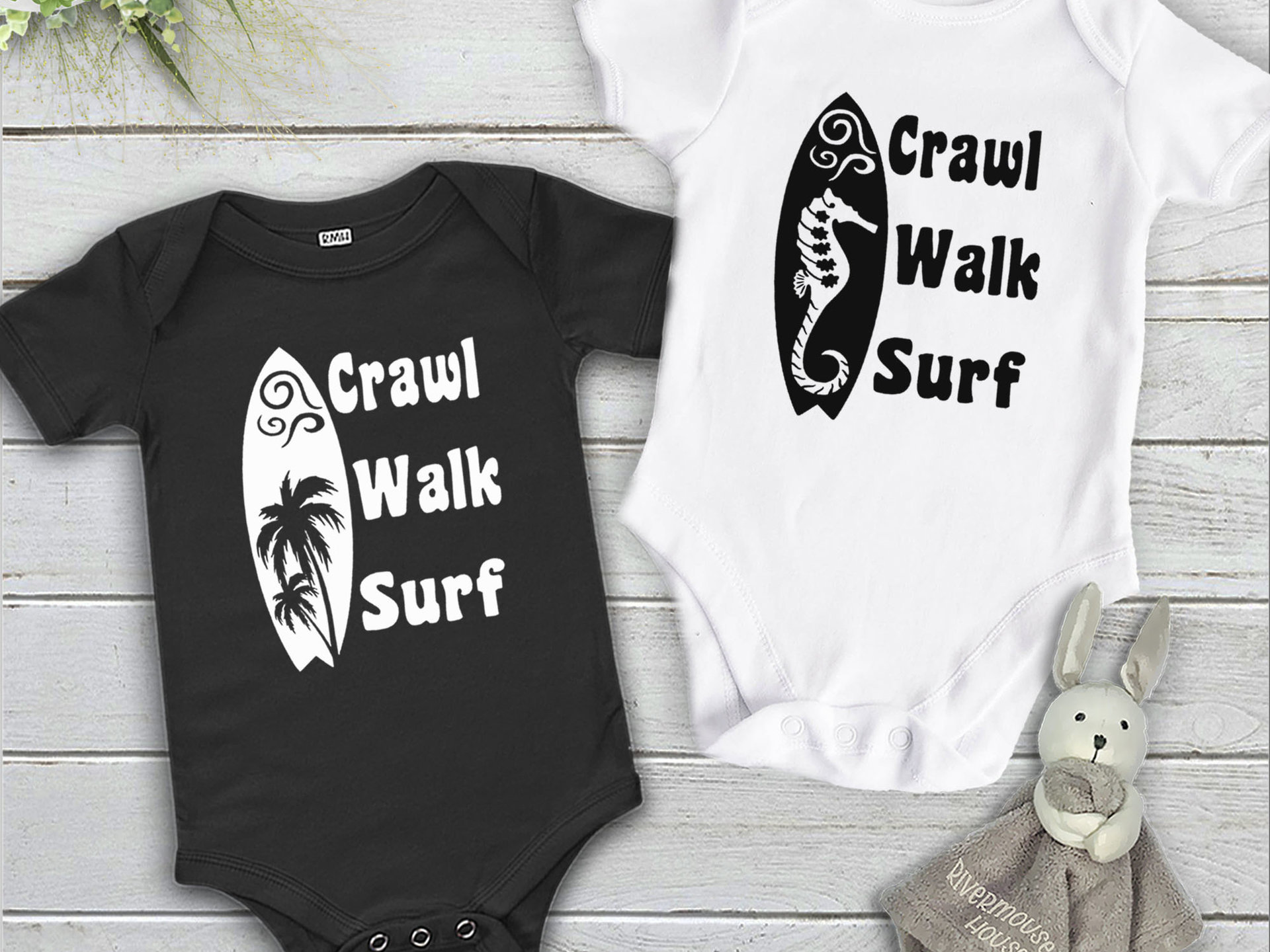 Crawl Walk Surf baby bodysuit, Aussie beach babe outfit with 2 custom surfboard designs 