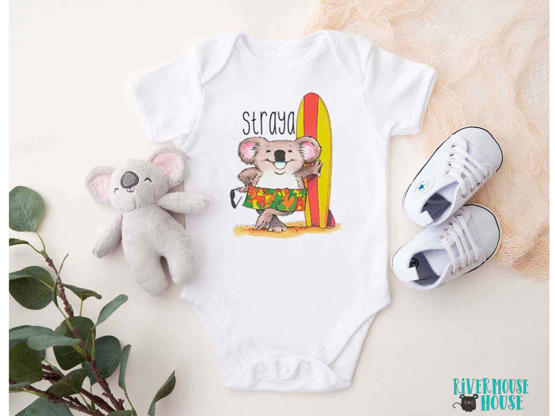 Straya Surf Koala, Funny Australian Baby Bodysuit