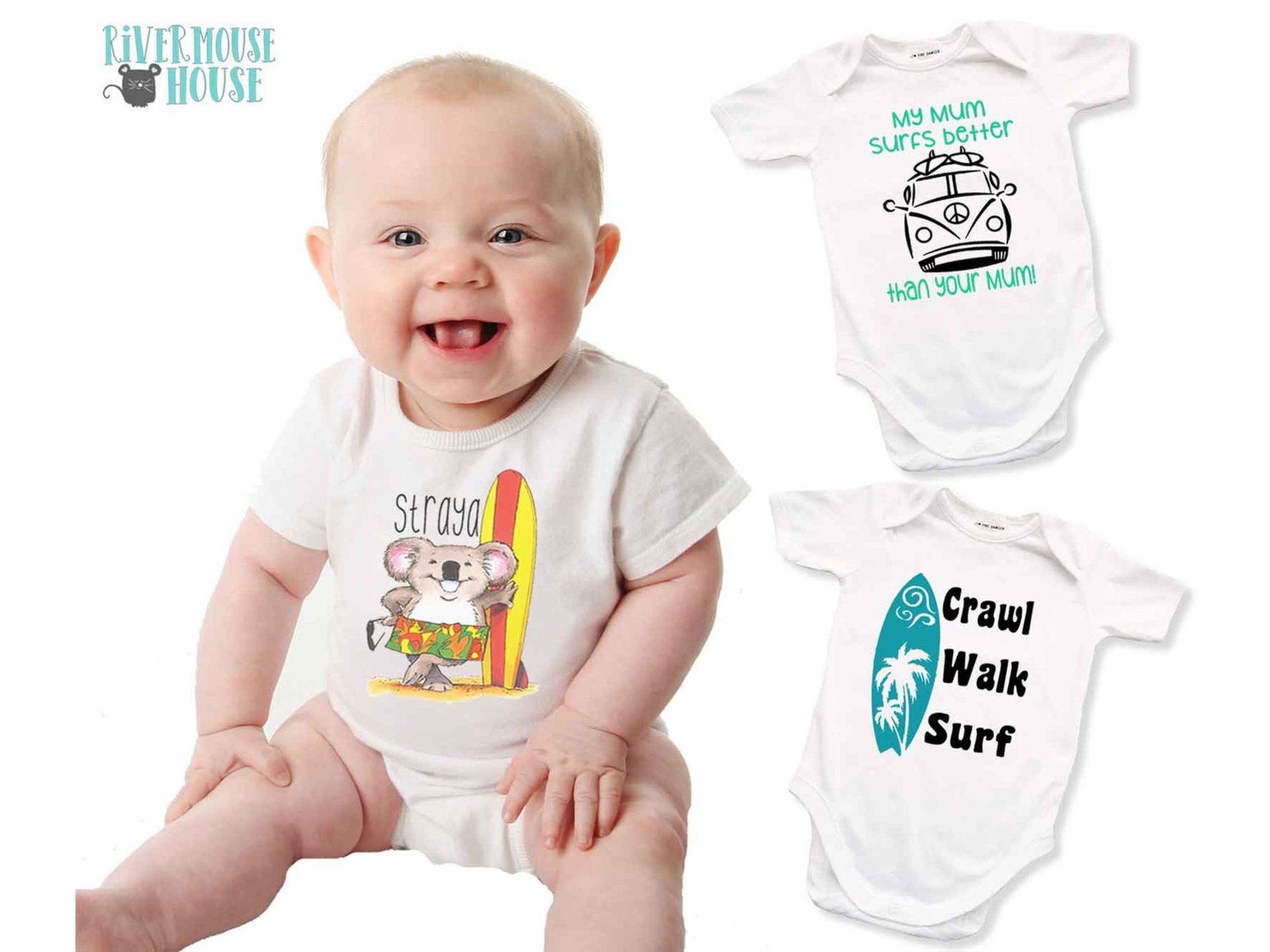 Straya Surf Koala, Funny Australian Baby Bodysuit