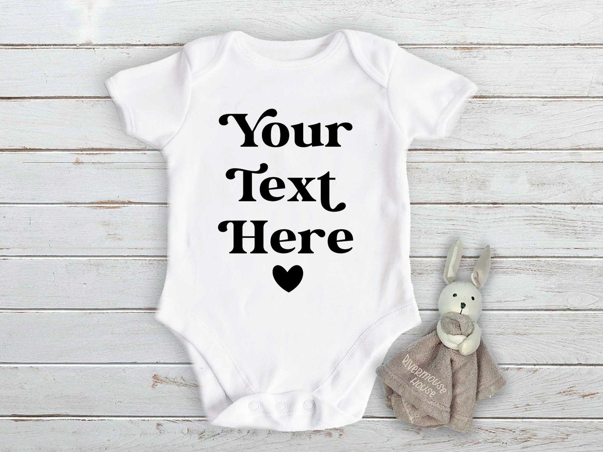 Custom personalised baby bodysuit, add your own text onesie, Australian sizes newborn to toddler, designed by Rivermouse House