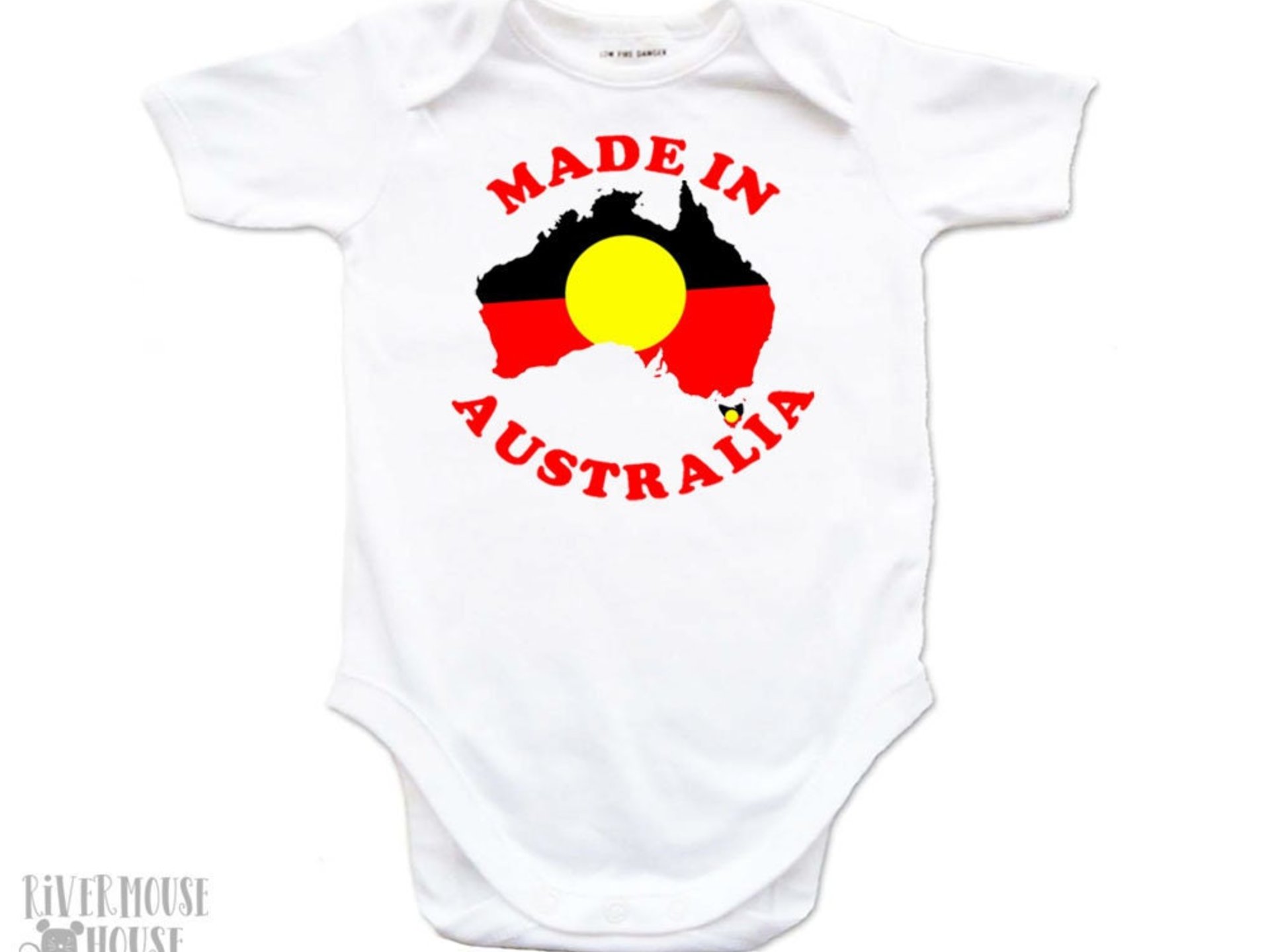 Made in Australia baby bodysuit, choose from Australian and Aboriginal flag designs, custom Aussie kids onesie