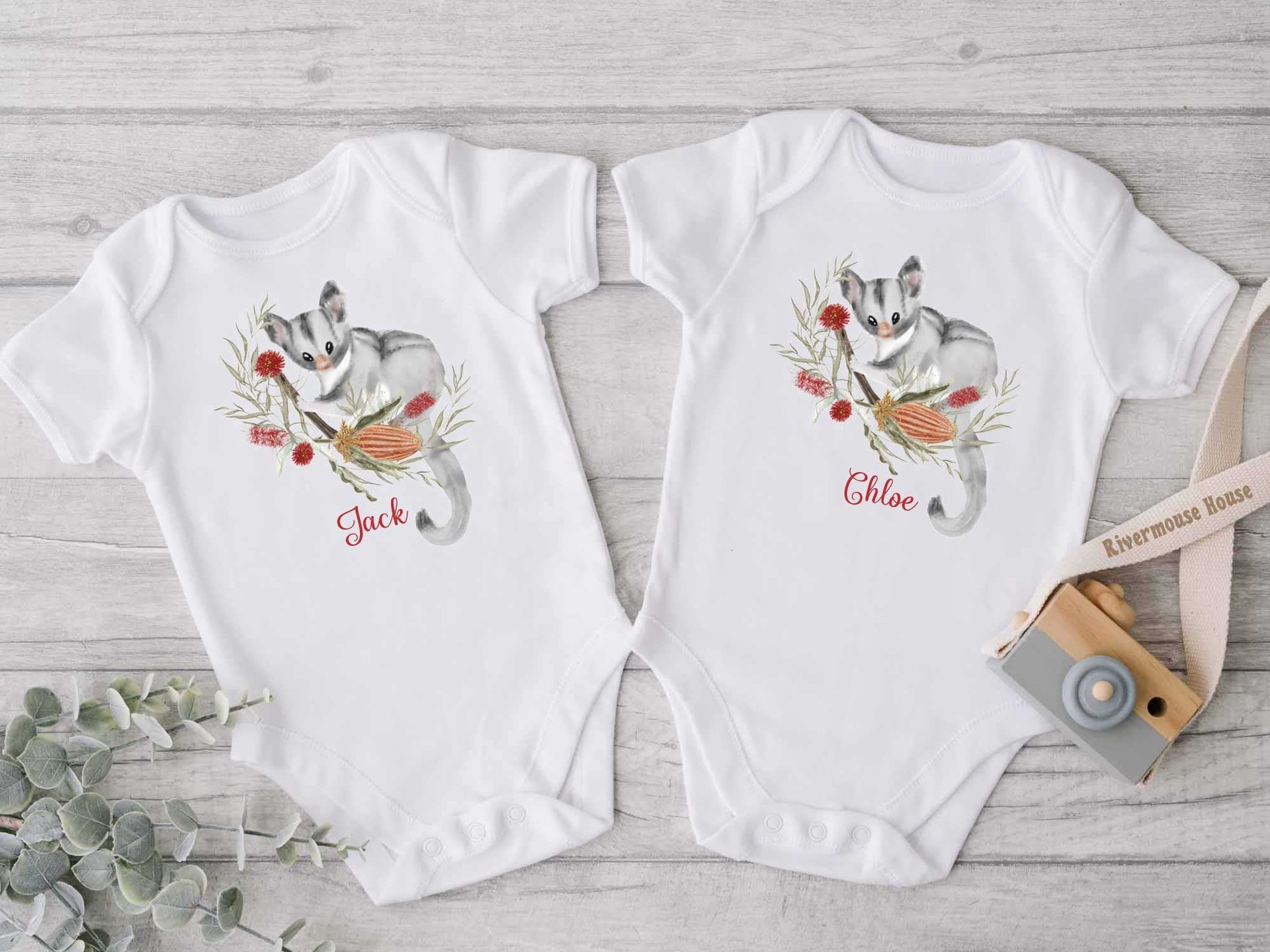 Little Possum Personalised Baby Bodysuit, Australian sugar glider with native flowers design