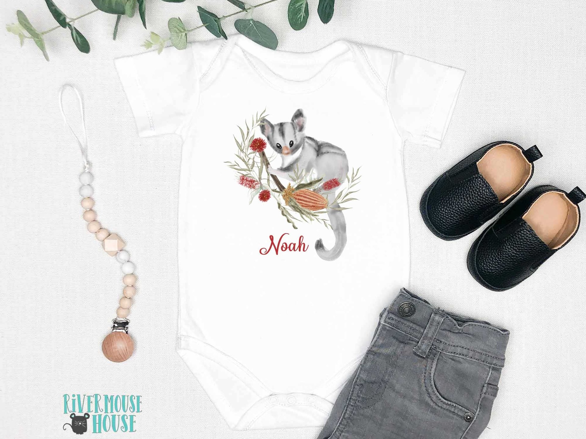 Little Possum Personalised Baby Bodysuit, Australian sugar glider with native flowers design