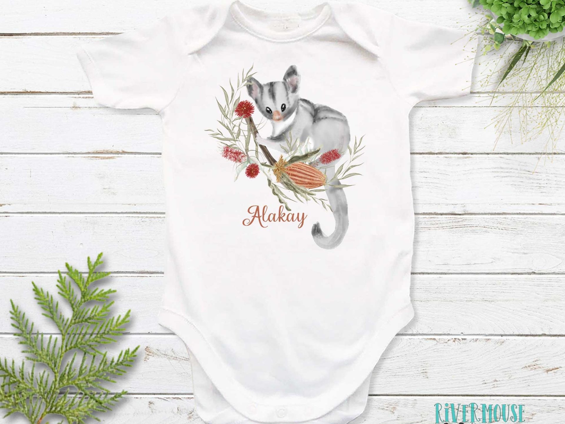 Little Possum Personalised Baby Bodysuit, Australian sugar glider with native flowers design