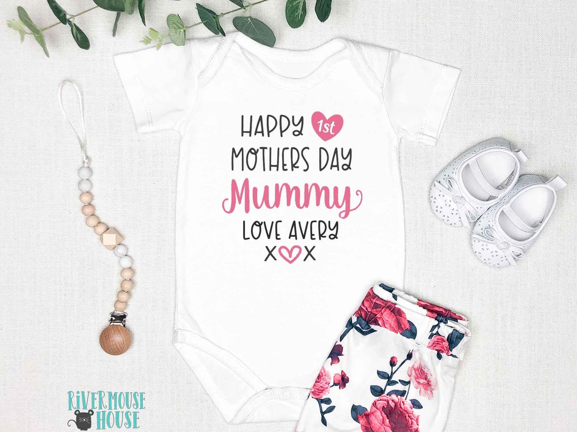 Happy First Mothers Day Mummy baby bodysuit. A custom personalised gift for Mum with love xo