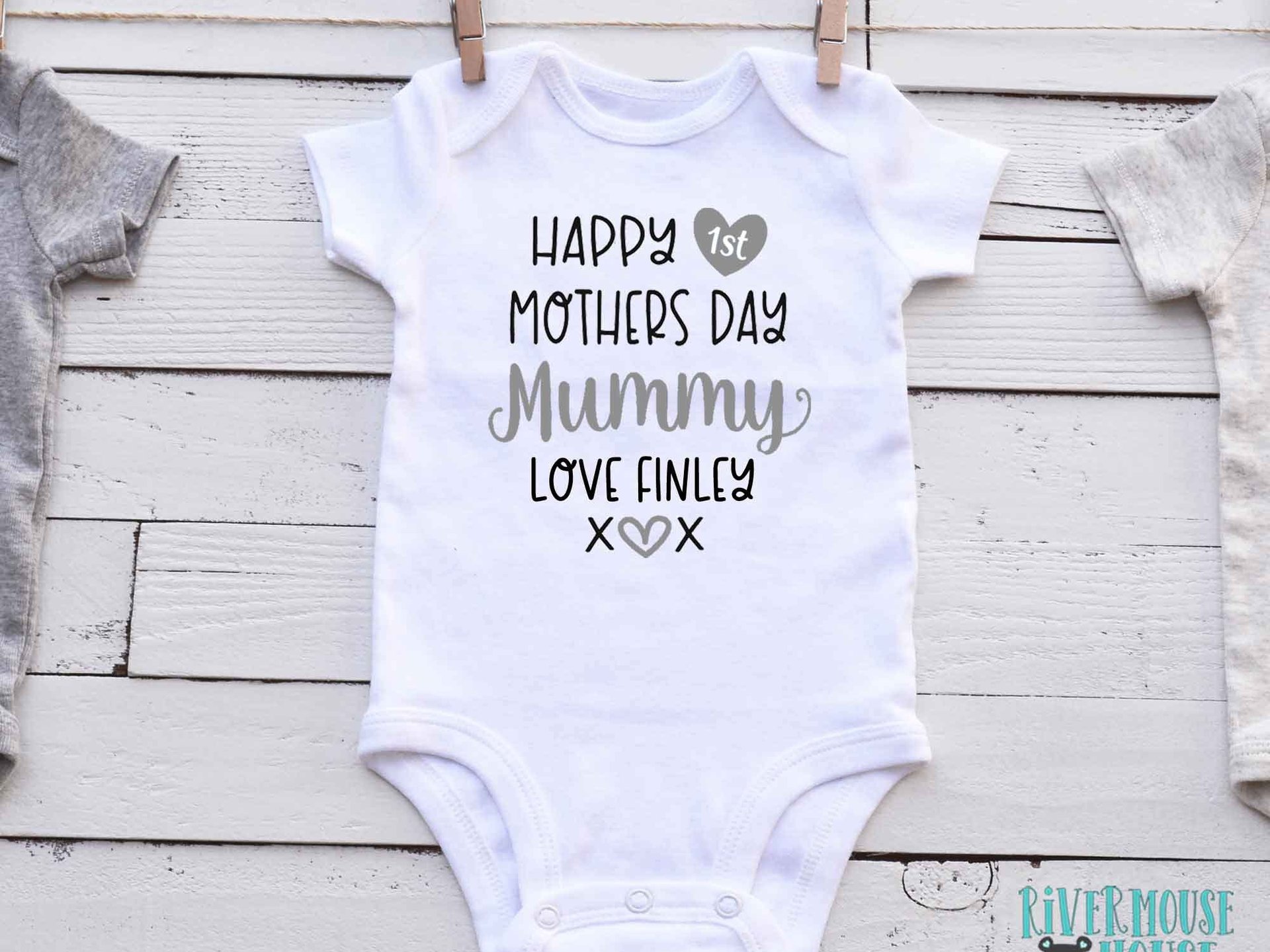 Happy First Mothers Day Mummy baby bodysuit. A custom personalised gift for Mum with love xo
