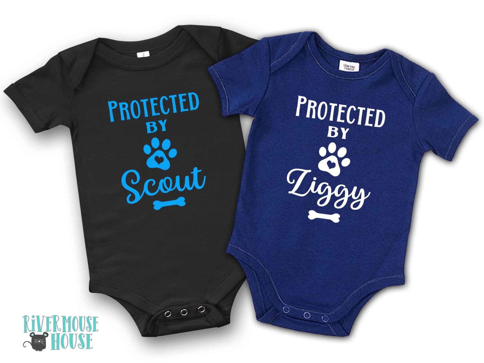 Protected by Dog Baby Bodysuit, Personalised Pet Name Romper