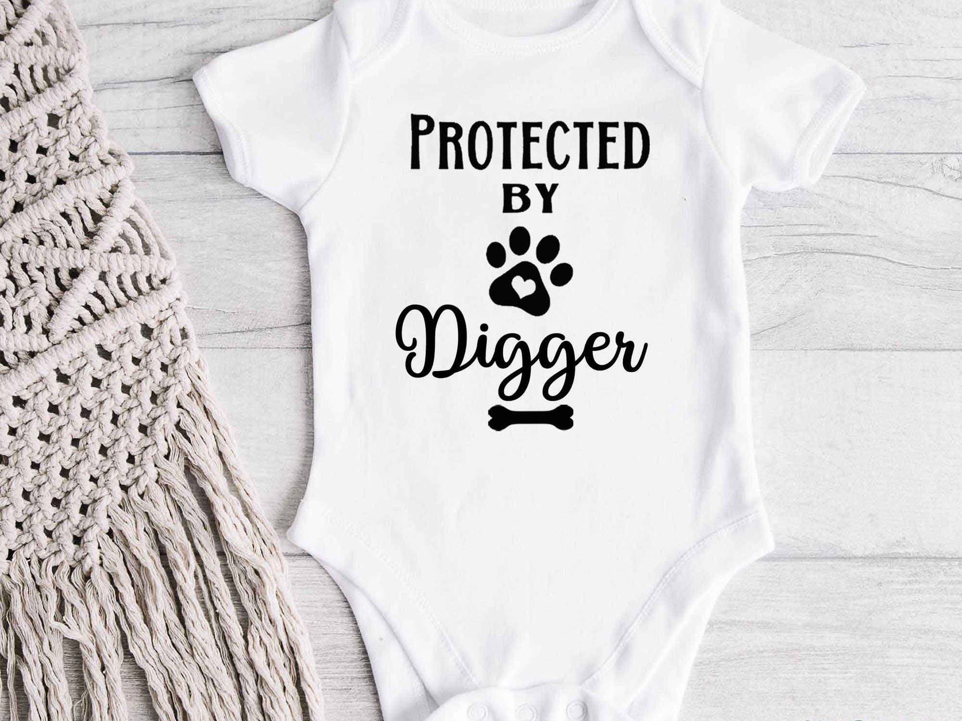 Protected by Dog Baby Bodysuit, Personalised Pet Name Romper