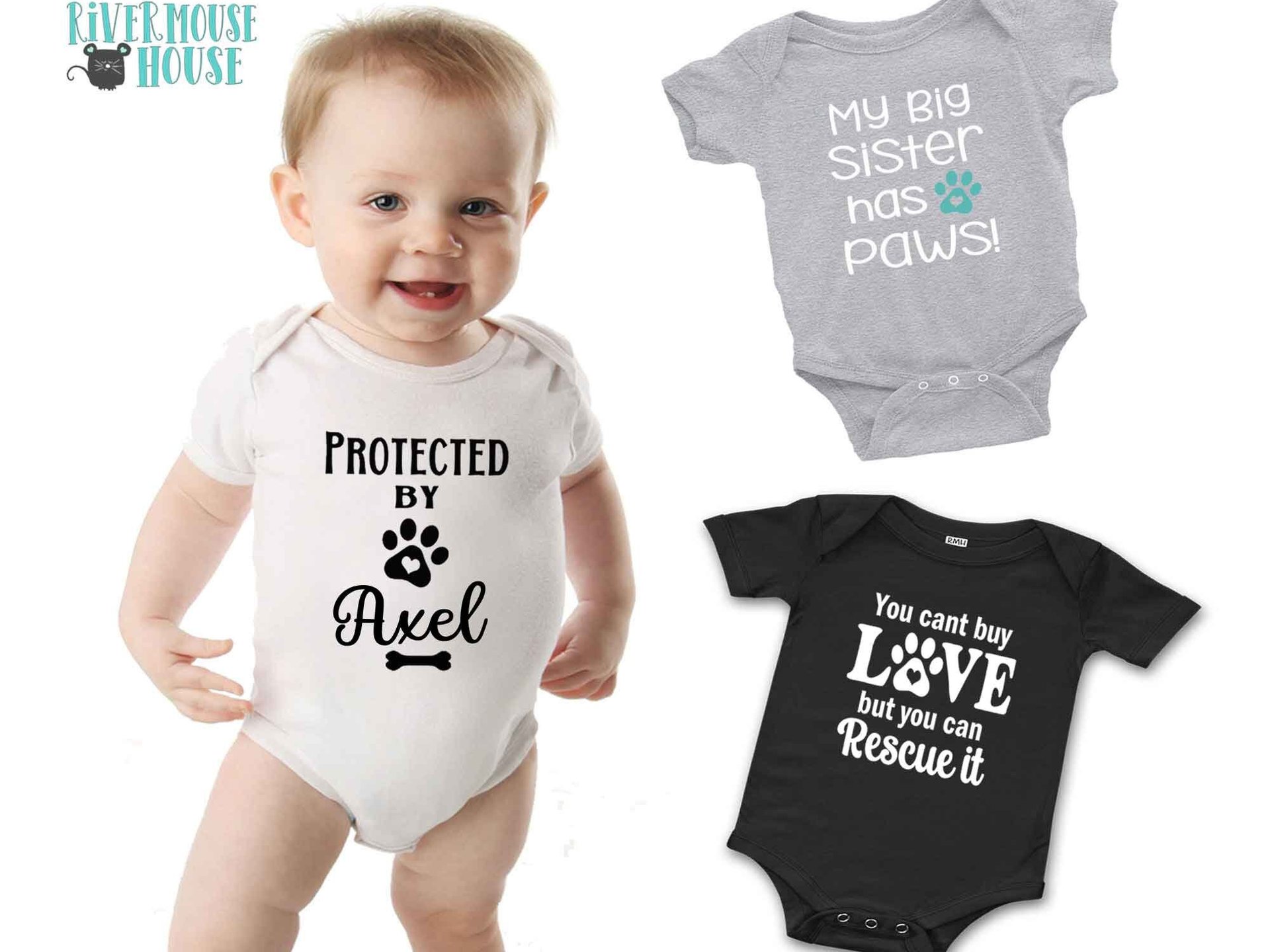Protected by Dog Baby Bodysuit, Personalised Pet Name Romper