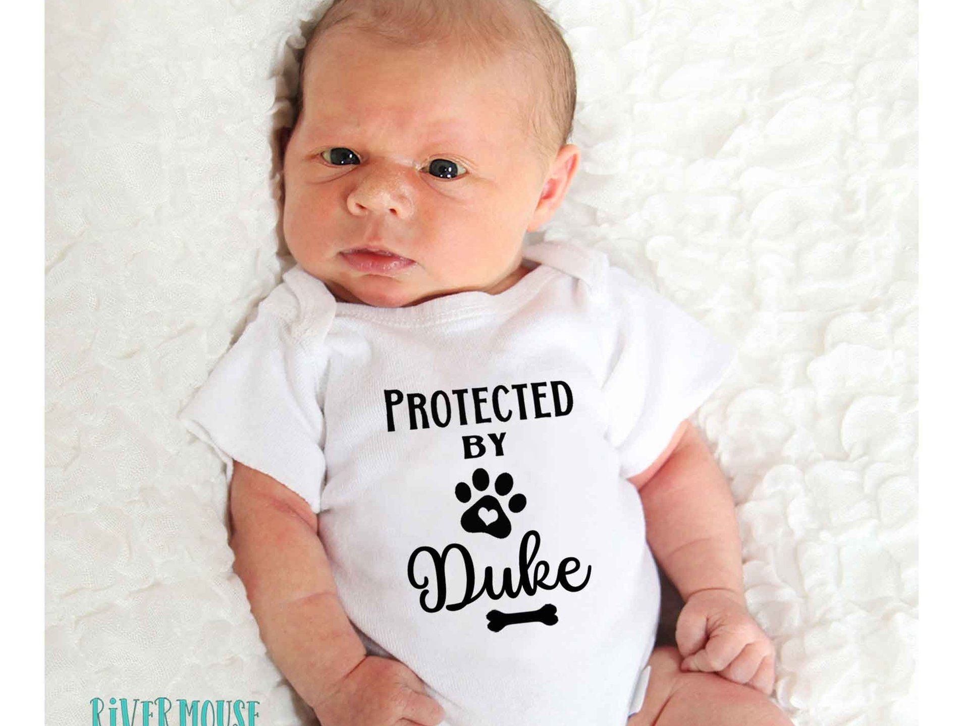 Protected by Dog Baby Bodysuit, Personalised Pet Name Romper