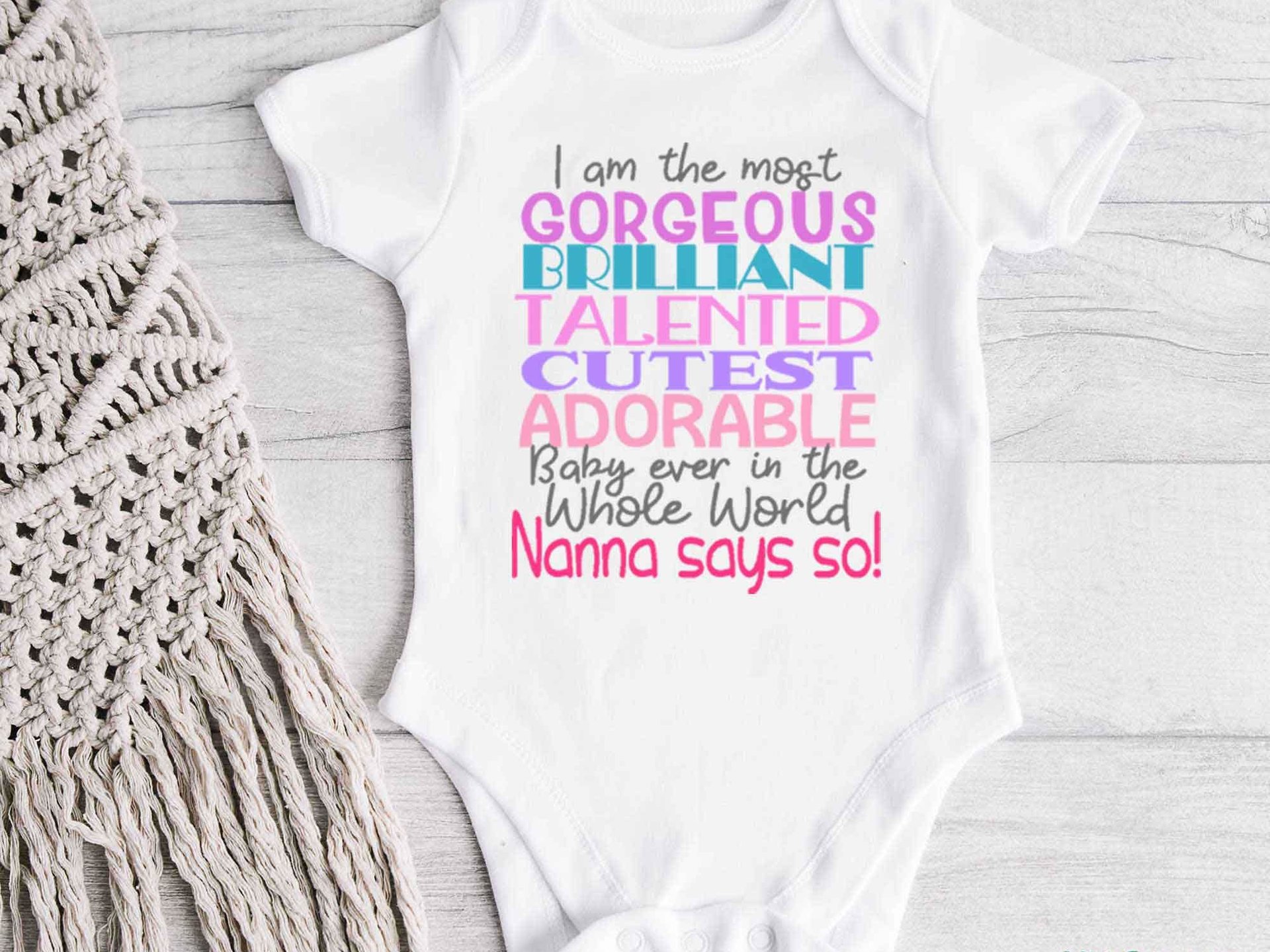 Nanna Says So Funny Baby Bodysuit with customisable name for Grandparents, Aunts, Uncles, family & friends