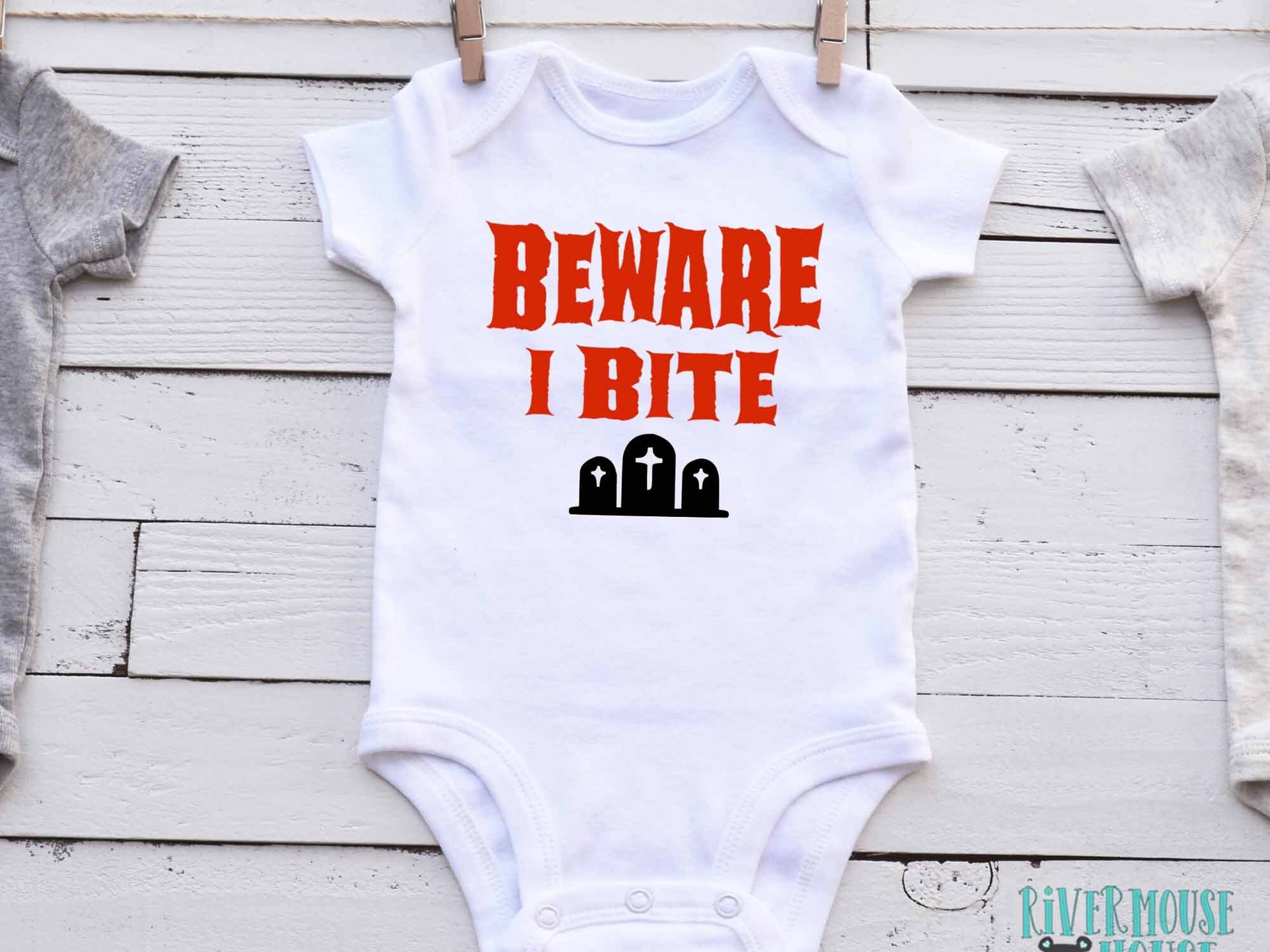 Beware I Bite Funny First Halloween Baby Bodysuit