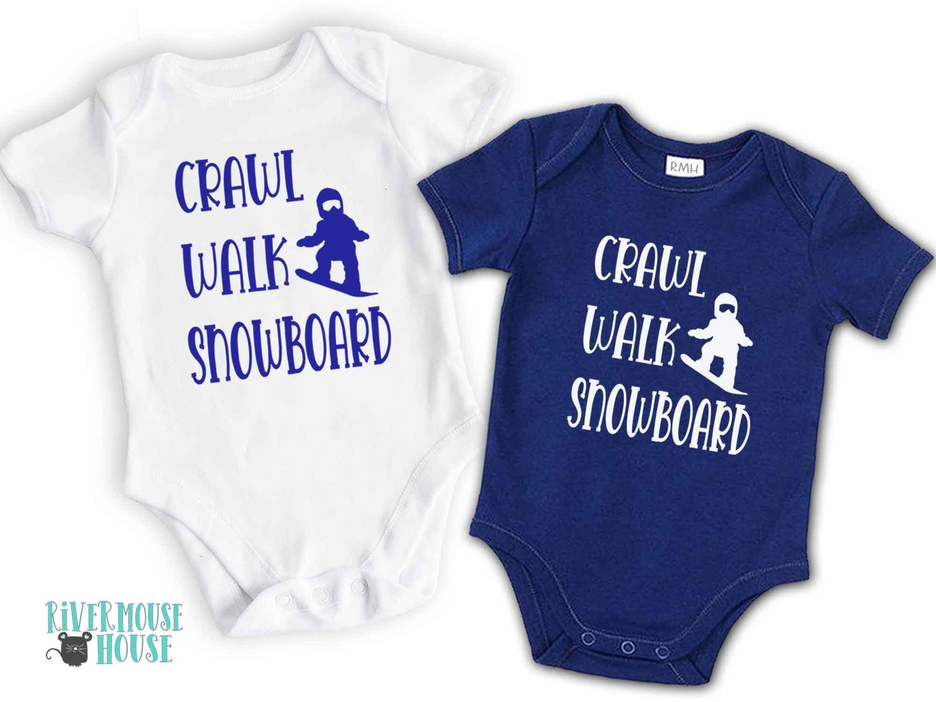 Crawl Walk Snowboard Baby Bodysuit, Winter Snow Sports Romper, Australian Kids Sizes Newborn to Toddler