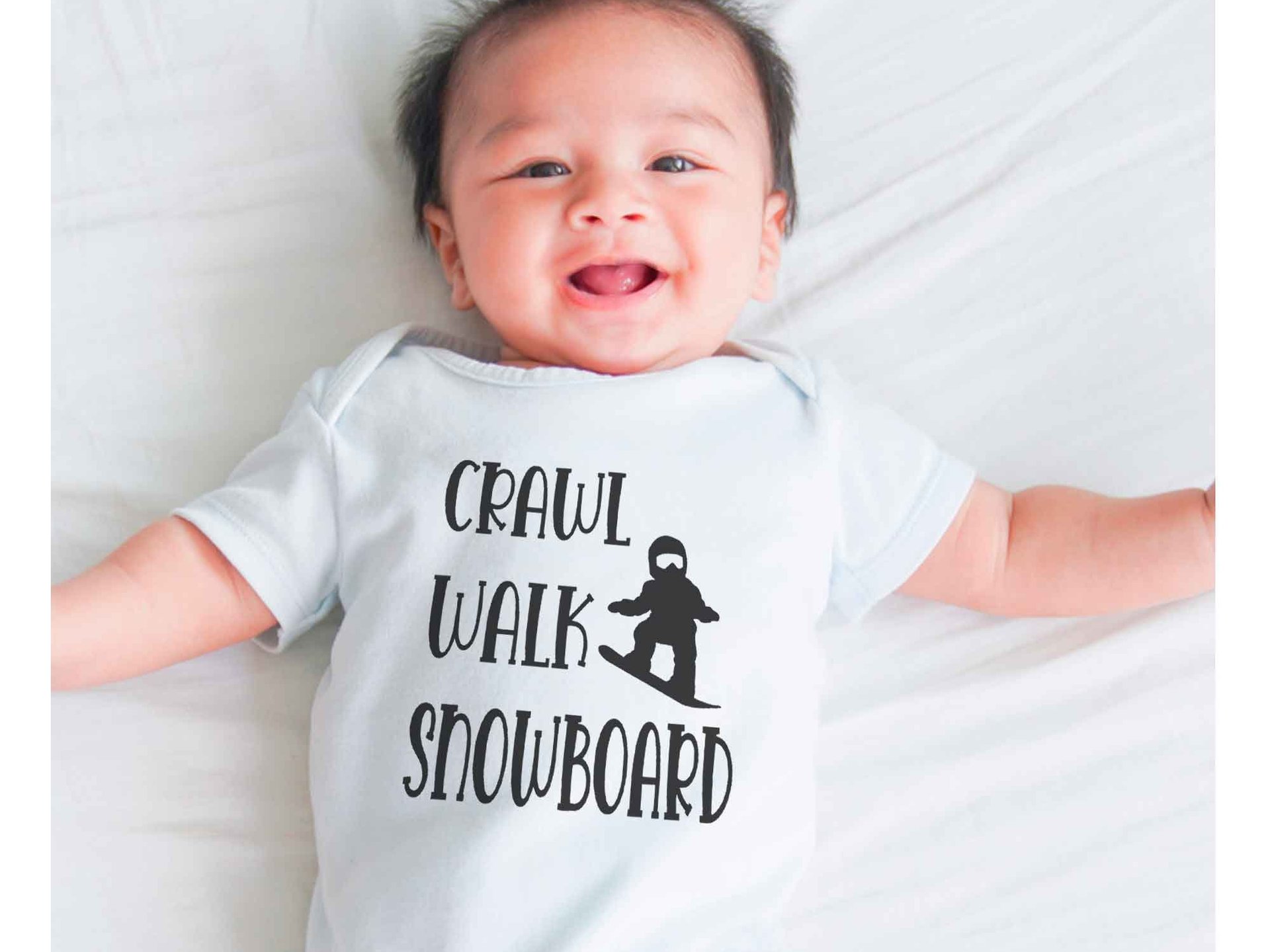 Crawl Walk Snowboard Baby Bodysuit, Winter Snow Sports Romper, Australian Kids Sizes Newborn to Toddler
