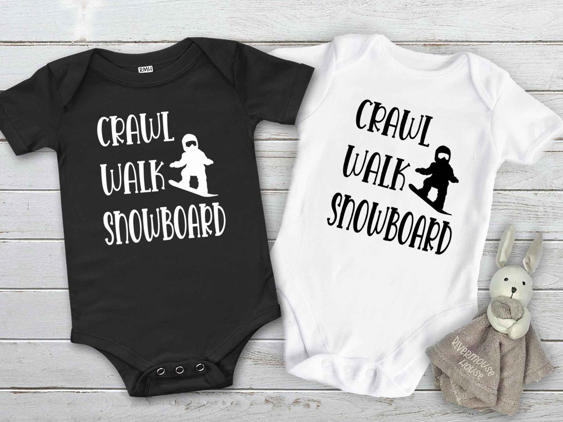 Crawl Walk Snowboard Baby Bodysuit, Winter Snow Sports Romper, Australian Kids Sizes Newborn to Toddler