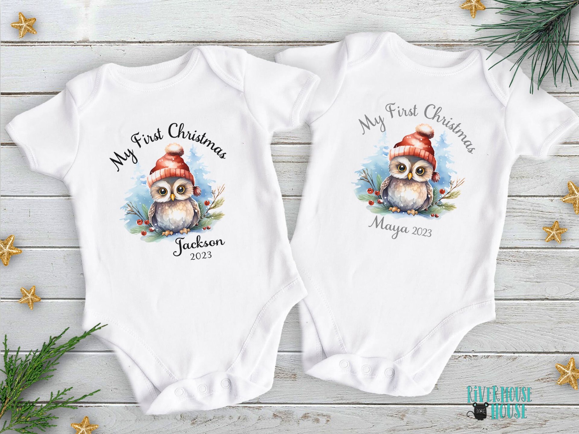 First Christmas Owl Custom Personalised Baby Bodysuit 2024