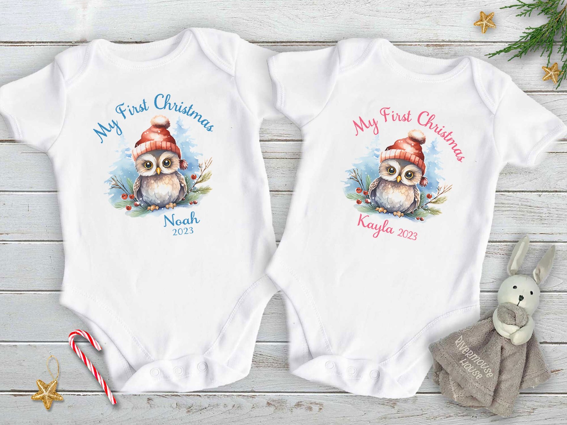 First Christmas Owl Custom Personalised Baby Bodysuit 2024
