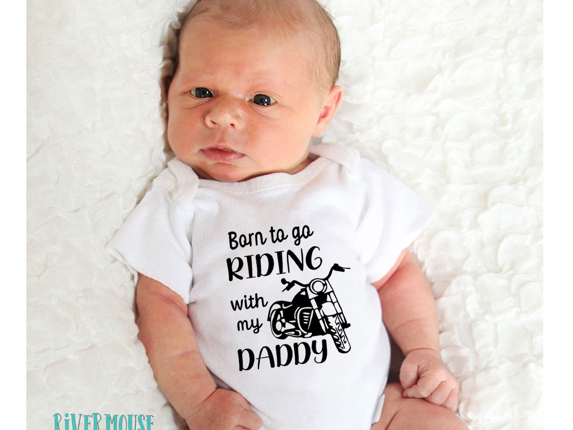 Born to go riding motorcycle baby bodysuit, custom personalised to suit