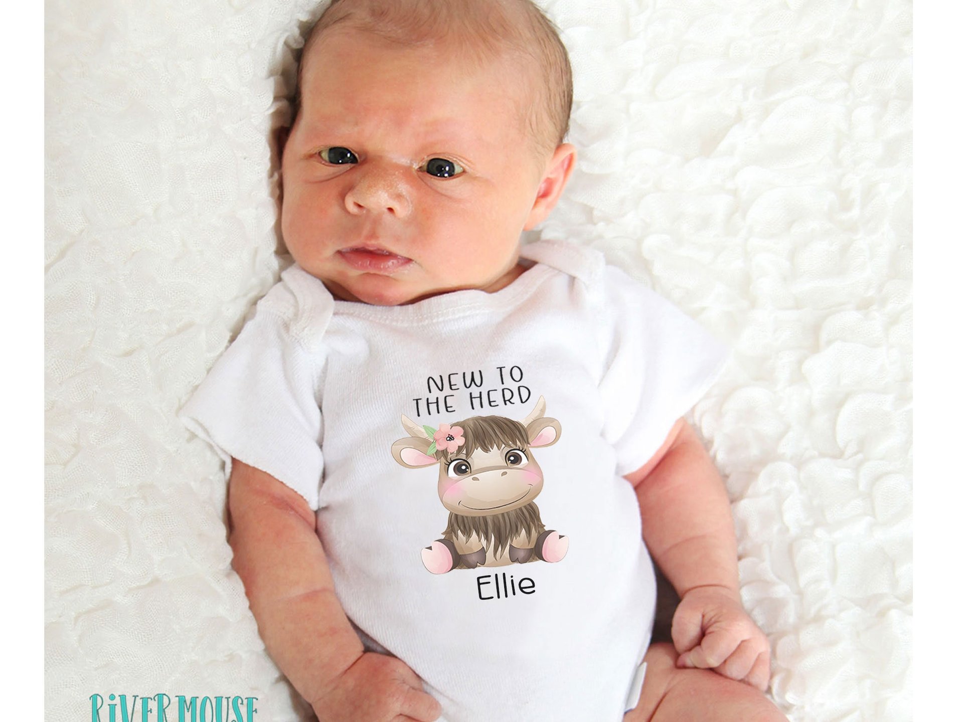 Baby cow personalised bodysuit, New to the Herd farm kids romper