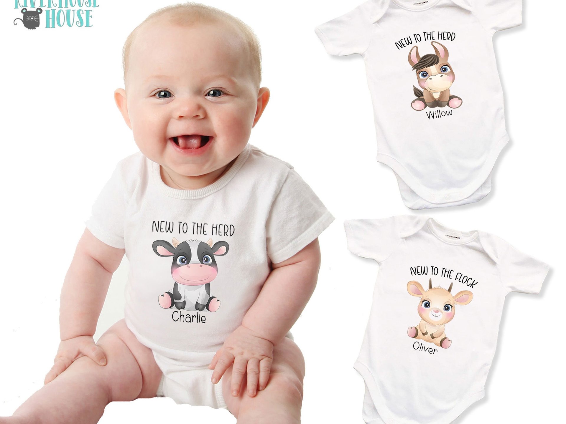 Baby cow personalised bodysuit, New to the Herd farm kids romper