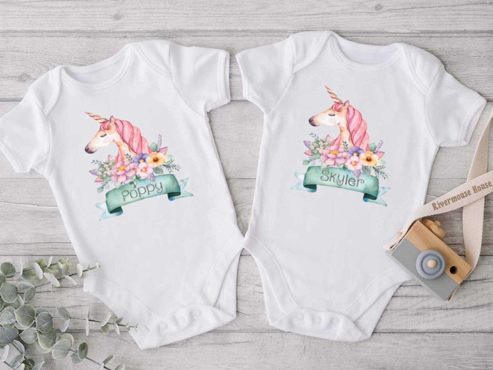 Personalised unicorn baby girl bodysuit, Pretty floral custom design, Size newborn to toddler onesie