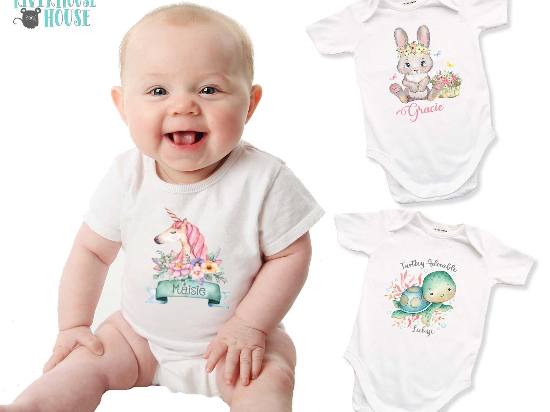 Personalised unicorn baby girl bodysuit, Pretty floral custom design, Size newborn to toddler onesie