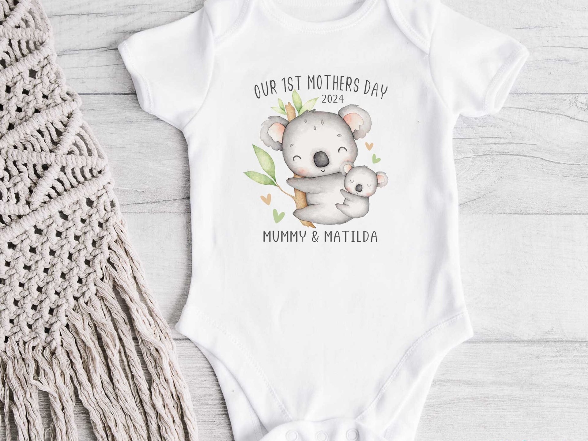 First Mothers Day Koala Personalised Baby Bodysuit, Custom Mummy & Baby 2024 Gift for Mum, Australian Sizes Newborn to Toddler