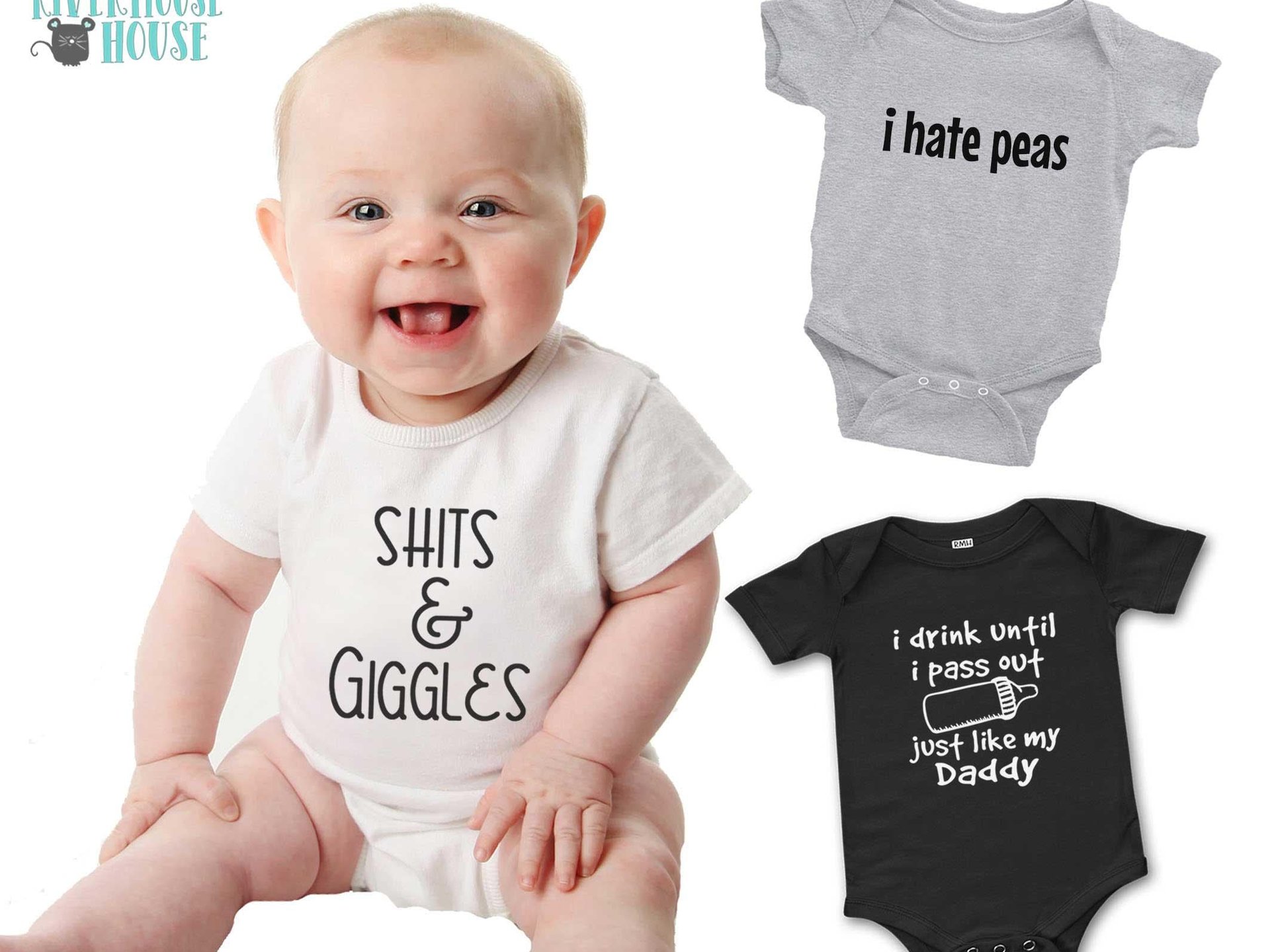 Shits & Giggles Baby Bodysuit, Funny One piece Newborn T shirt, Custom Baby Shower Gift, Rivermouse Rompers Australia