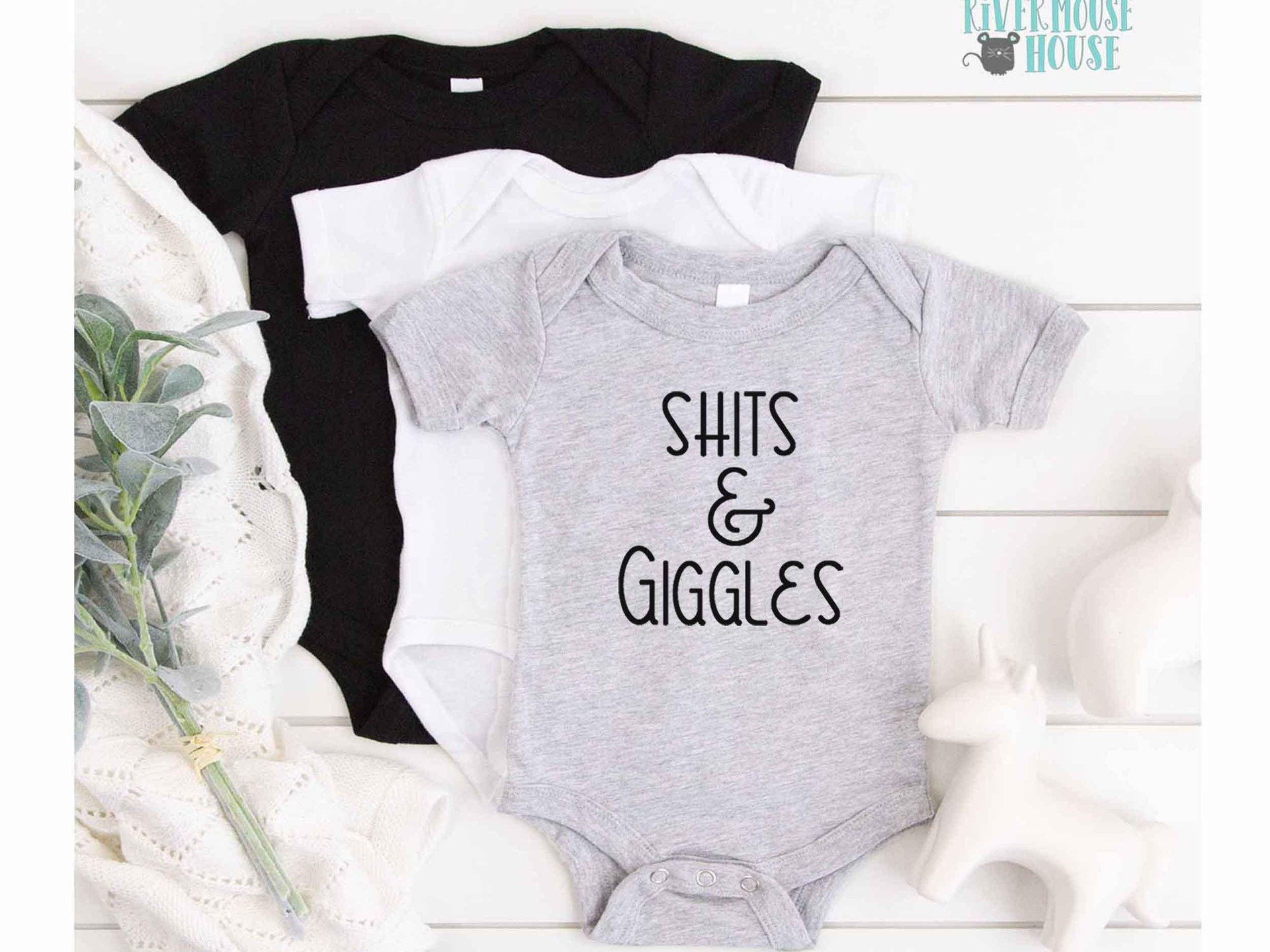 Shits & Giggles Baby Bodysuit, Funny One piece Newborn T shirt, Custom Baby Shower Gift, Rivermouse Rompers Australia