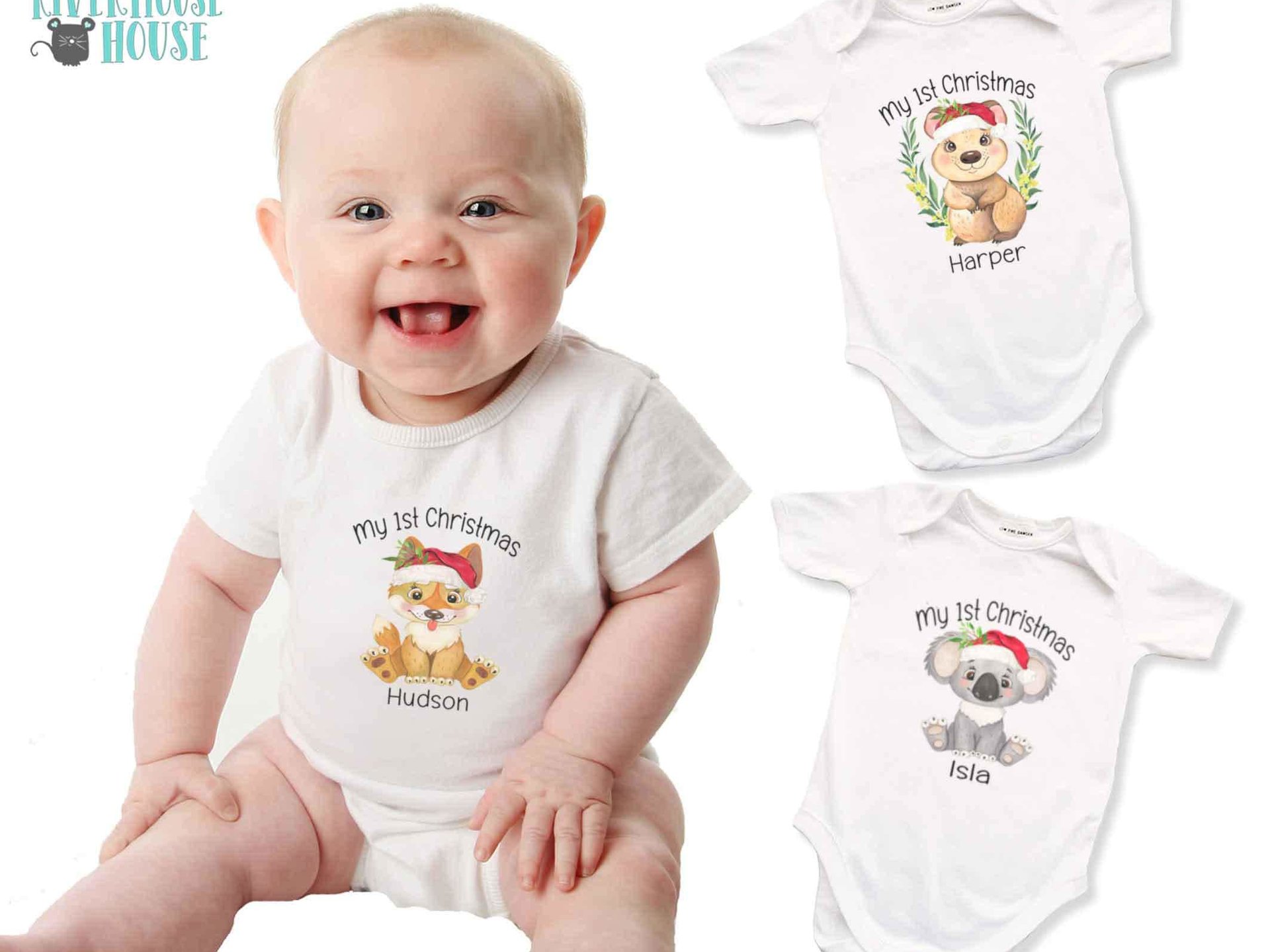 Baby Dingo First Christmas personalised bodysuit, Cute Australian animals Xmas gift, Size newborn to toddler little Aussie kids romper